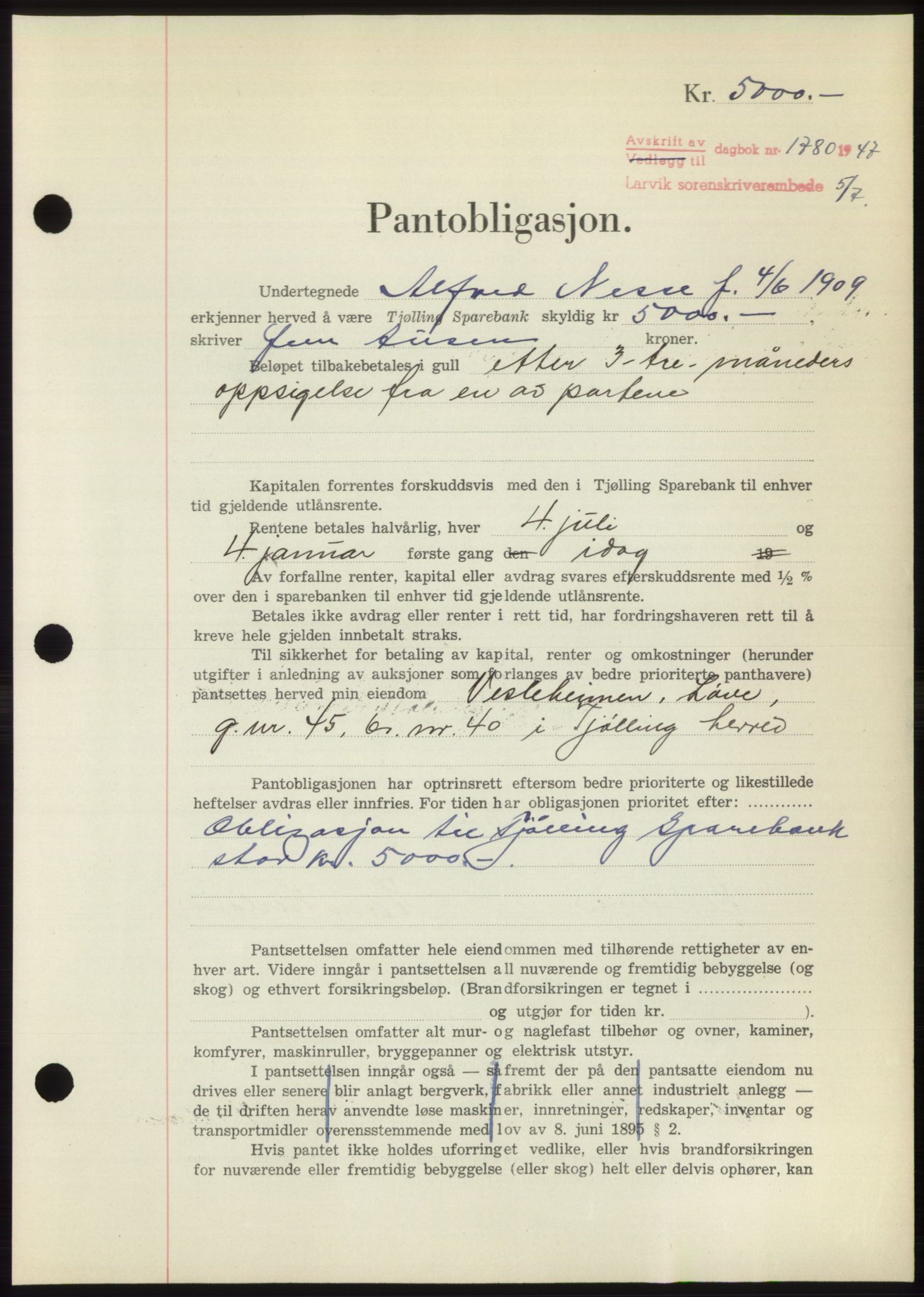 Larvik sorenskriveri, AV/SAKO-A-83/G/Ga/Gac/L0012: Mortgage book no. B-12, 1947-1947, Diary no: : 1780/1947