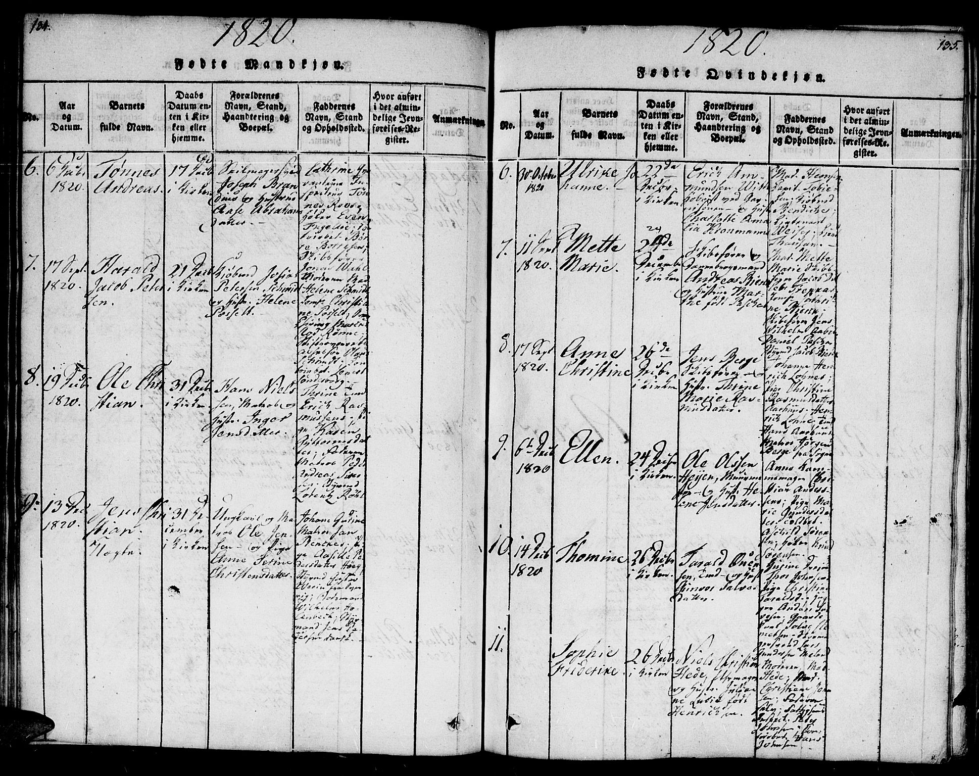 Kristiansand domprosti, SAK/1112-0006/F/Fb/L0001: Parish register (copy) no. B 1, 1818-1821, p. 134-135