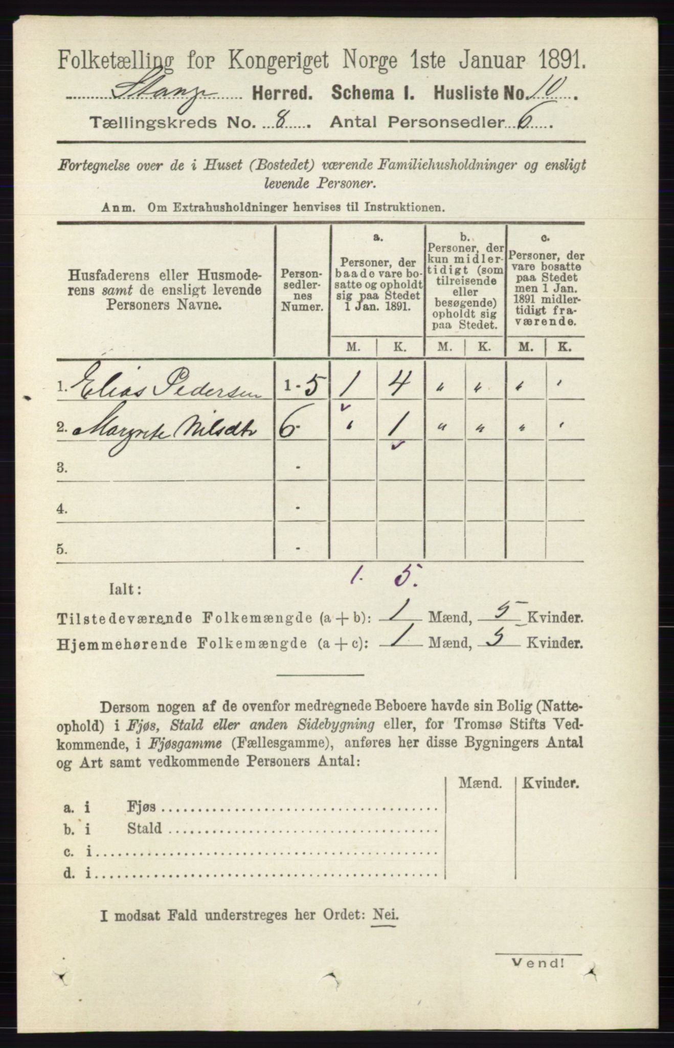 RA, 1891 census for 0417 Stange, 1891, p. 5252