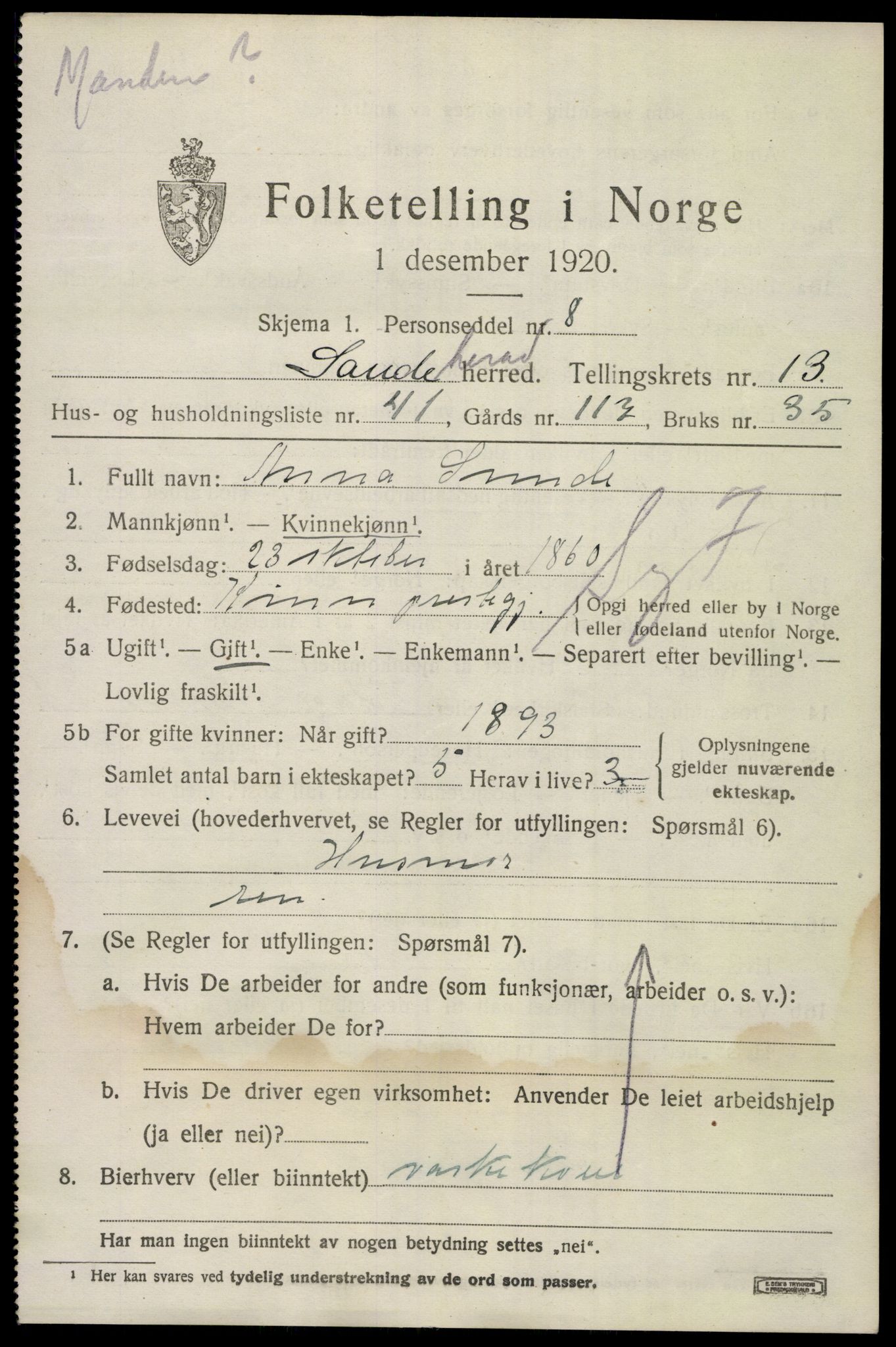 SAKO, 1920 census for Sandeherred, 1920, p. 19792