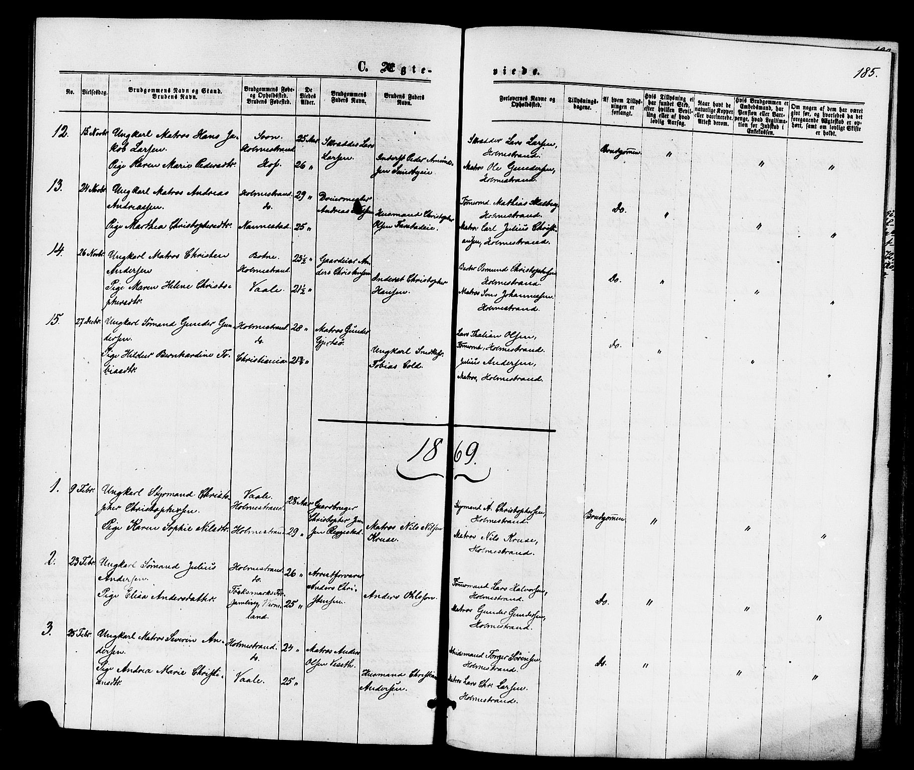 Holmestrand kirkebøker, AV/SAKO-A-346/F/Fa/L0003: Parish register (official) no. 3, 1867-1879, p. 185