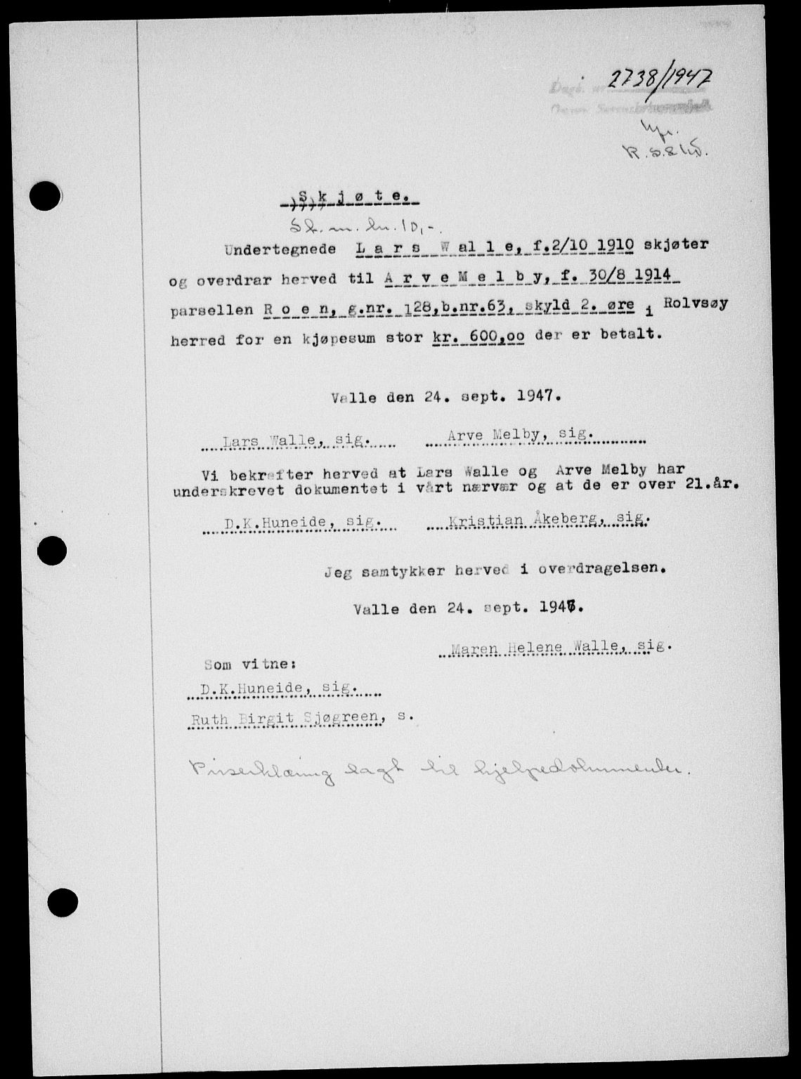 Onsøy sorenskriveri, AV/SAO-A-10474/G/Ga/Gab/L0021: Mortgage book no. II A-21, 1947-1947, Diary no: : 2738/1947