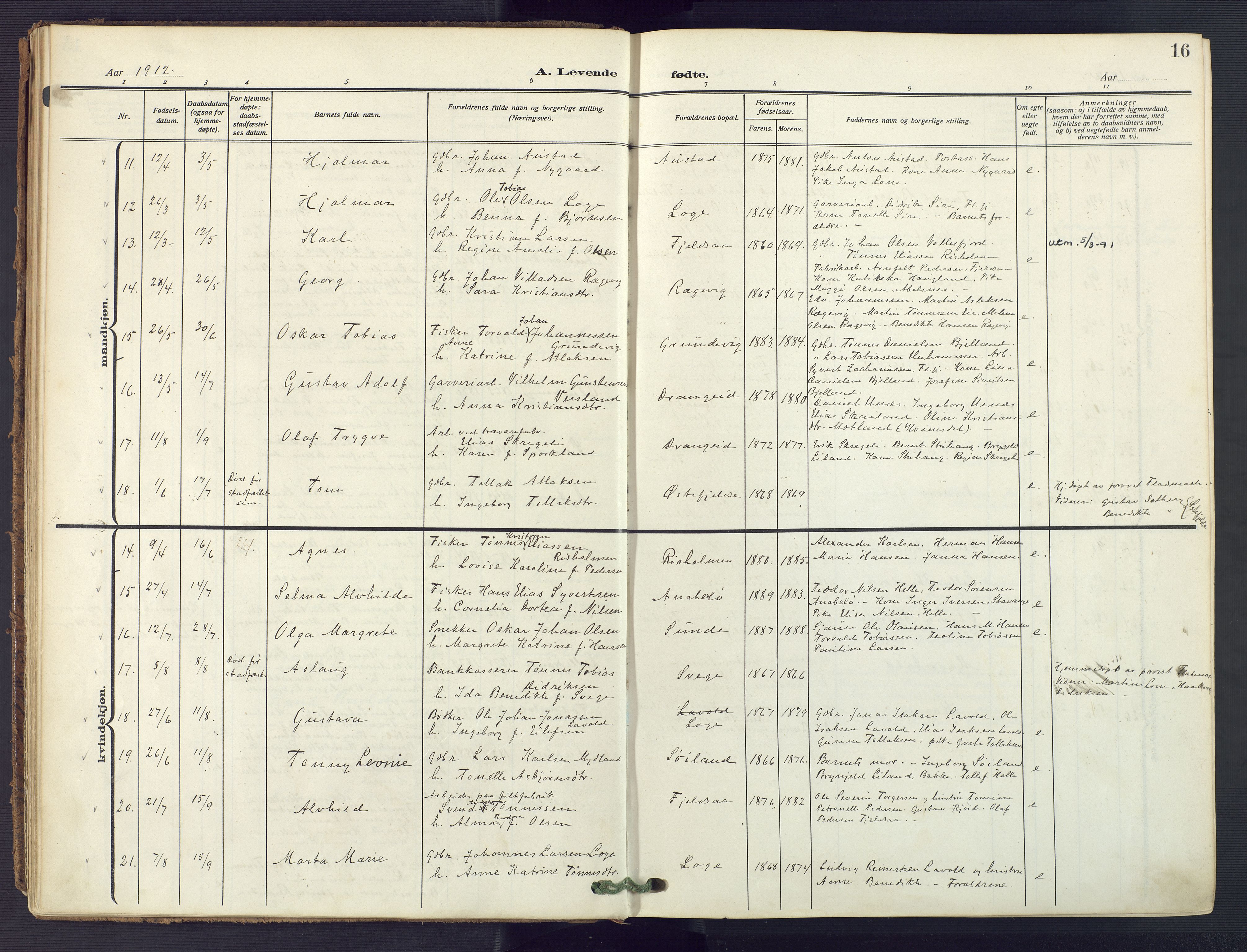 Flekkefjord sokneprestkontor, AV/SAK-1111-0012/F/Fa/Fac/L0010: Parish register (official) no. A 10, 1910-1927, p. 16