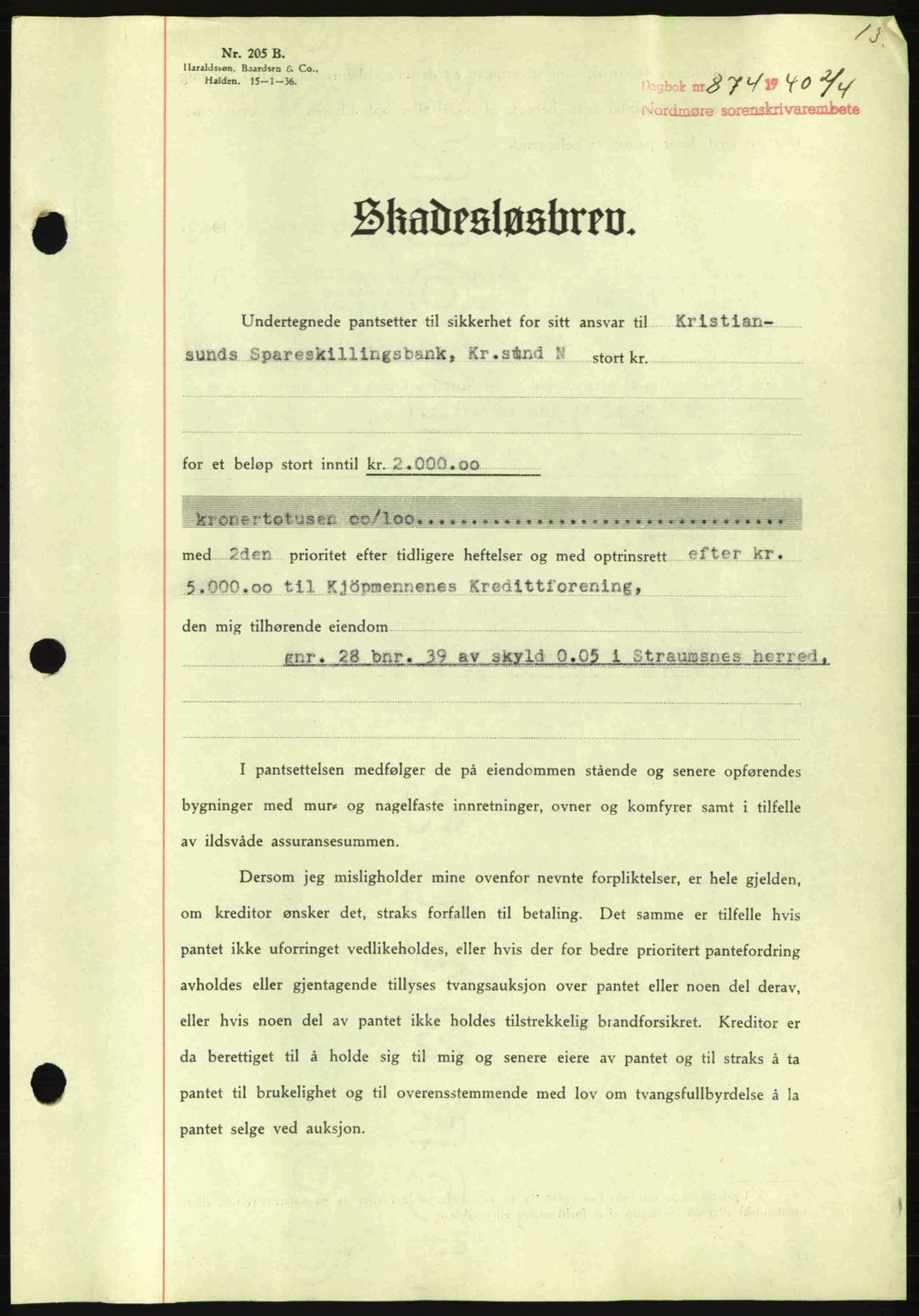 Nordmøre sorenskriveri, AV/SAT-A-4132/1/2/2Ca: Mortgage book no. B87, 1940-1941, Diary no: : 874/1940