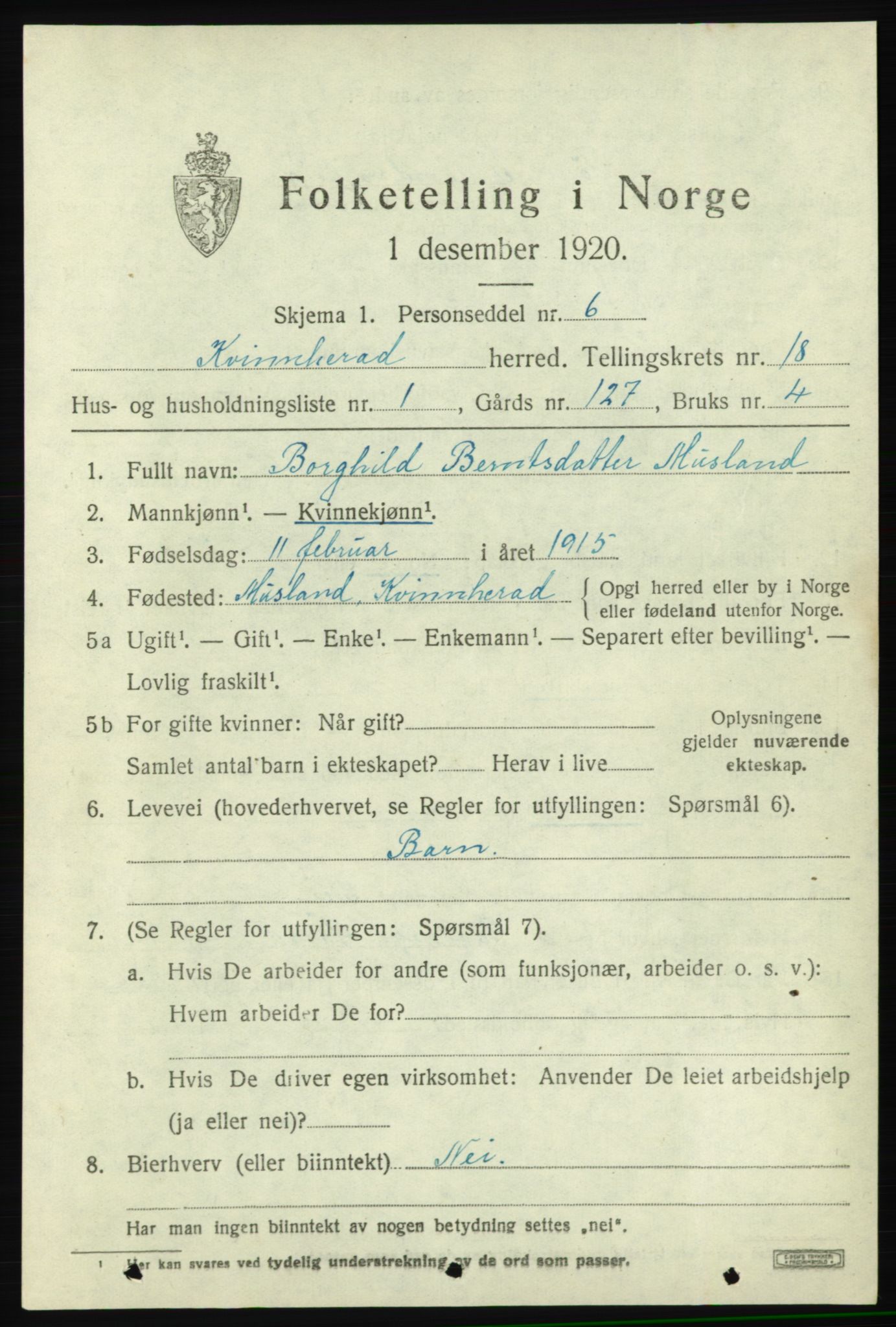 SAB, 1920 census for Kvinnherad, 1920, p. 11602