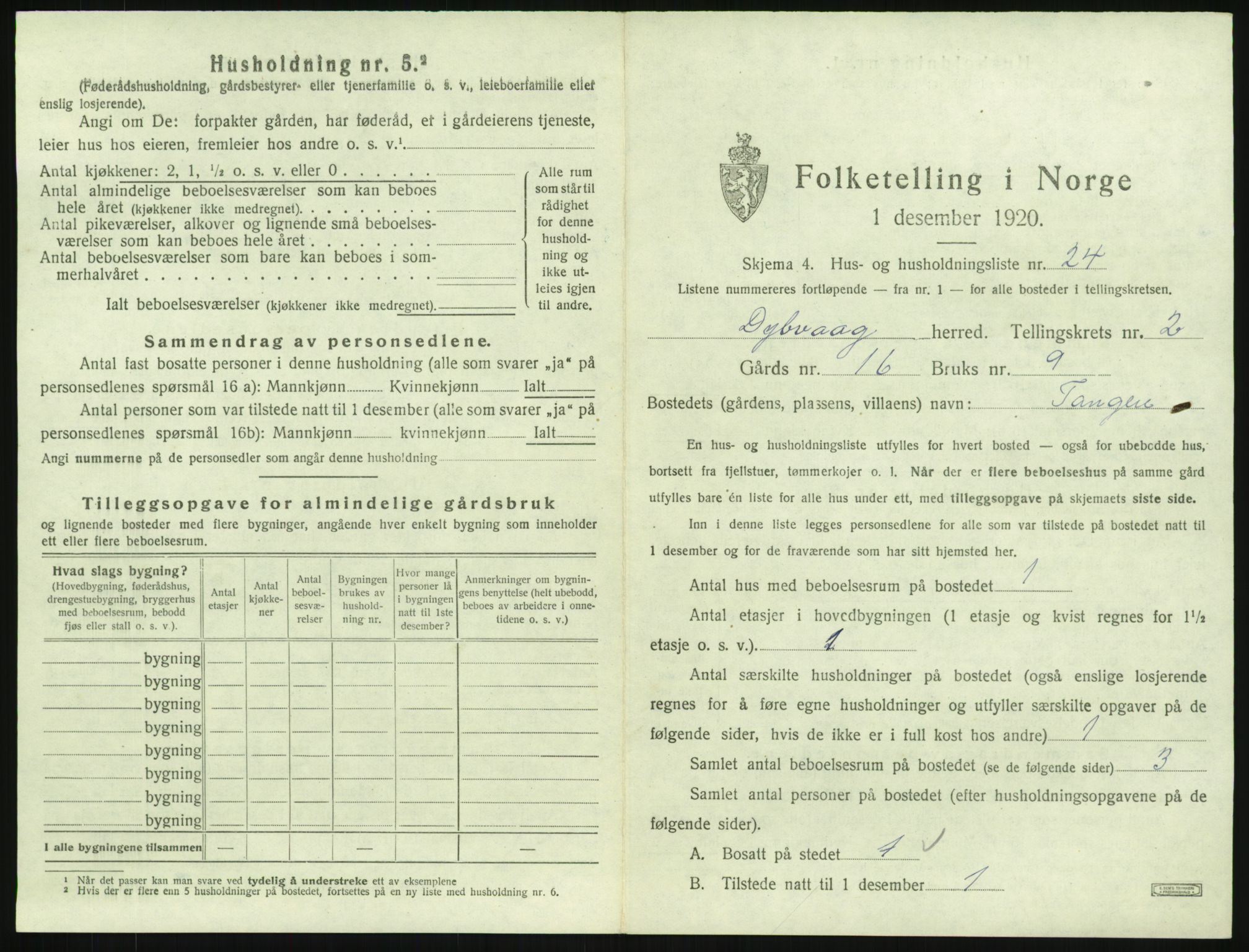 SAK, 1920 census for Dypvåg, 1920, p. 291