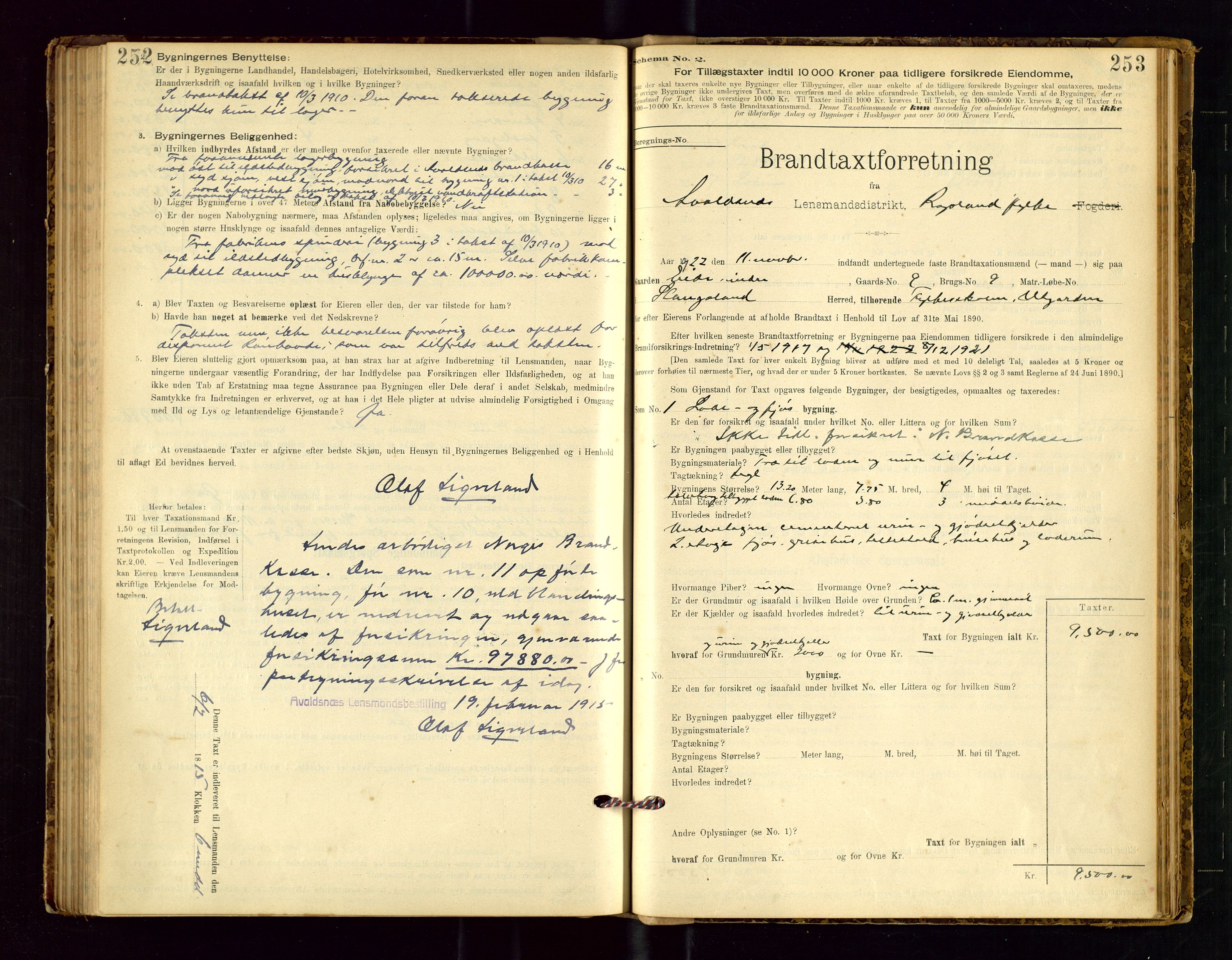 Avaldsnes lensmannskontor, SAST/A-100286/Gob/L0001: "Brandtaxationsprotokol for Avaldsnes Lensmandsdistrikt Ryfylke Fogderi", 1894-1925, p. 252-253