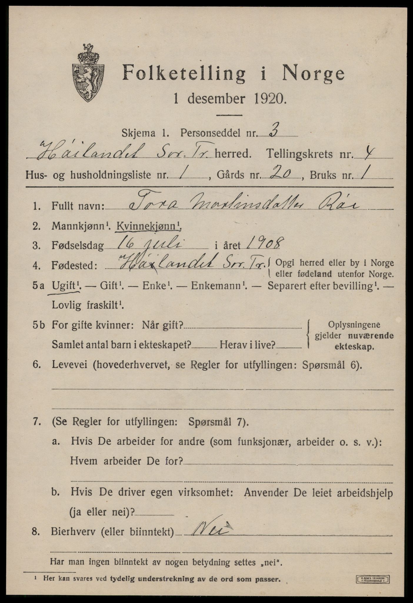 SAT, 1920 census for Hølonda, 1920, p. 1527