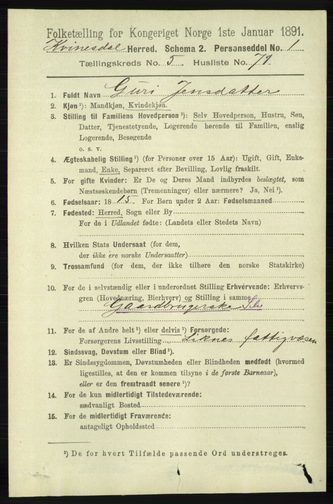 RA, 1891 census for 1037 Kvinesdal, 1891, p. 2047