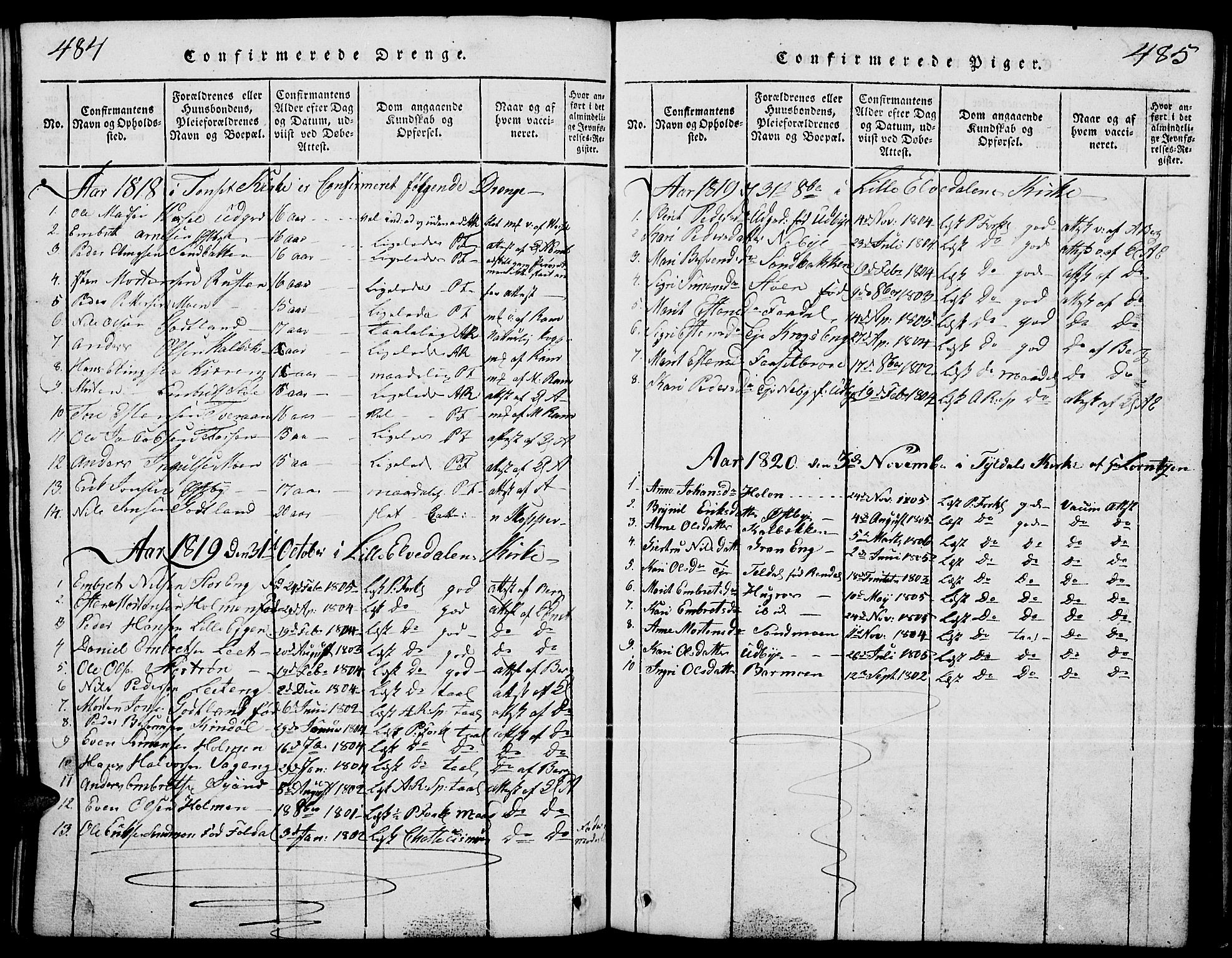 Tynset prestekontor, AV/SAH-PREST-058/H/Ha/Hab/L0001: Parish register (copy) no. 1, 1814-1859, p. 484-485