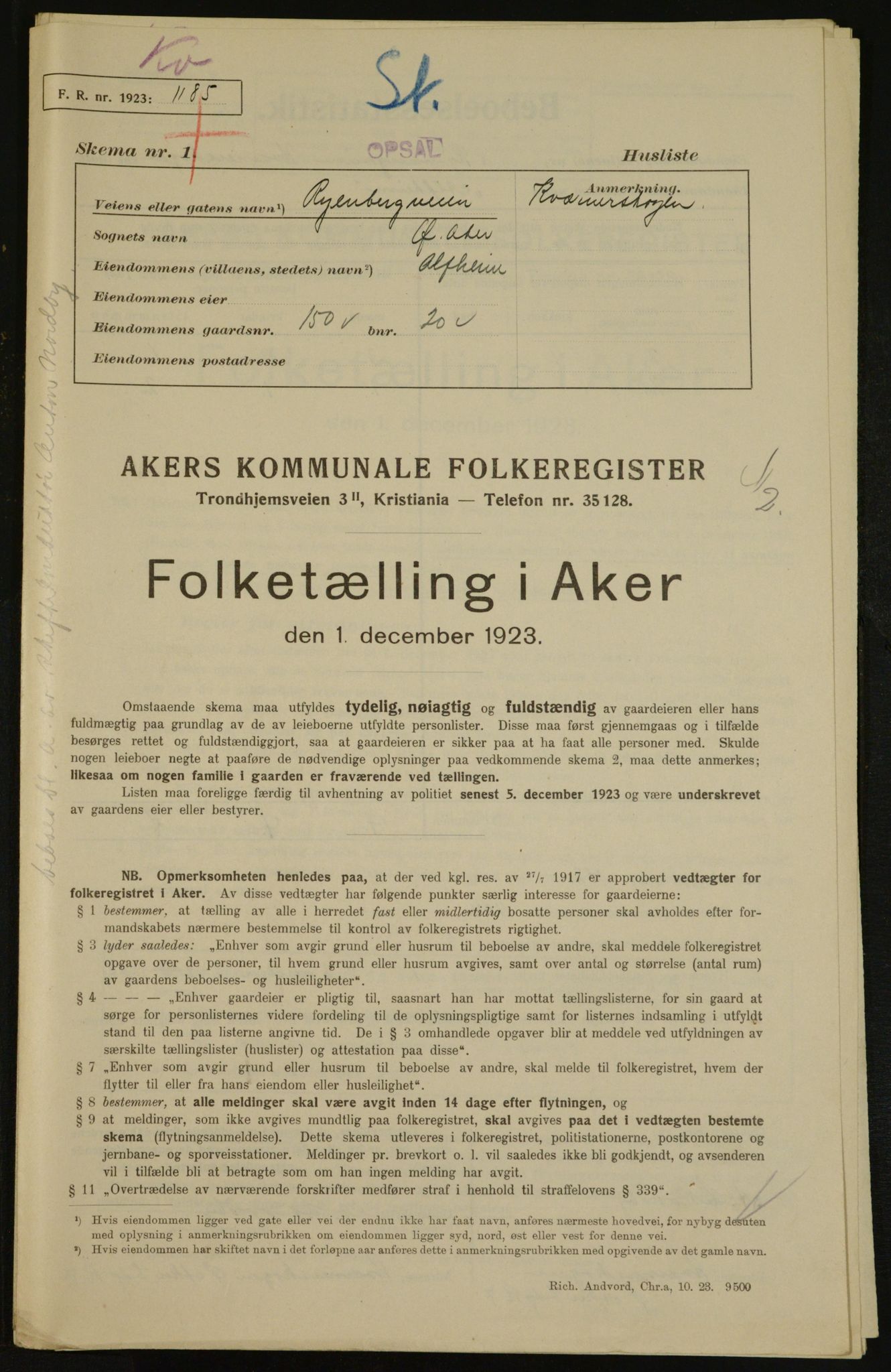 , Municipal Census 1923 for Aker, 1923, p. 29943