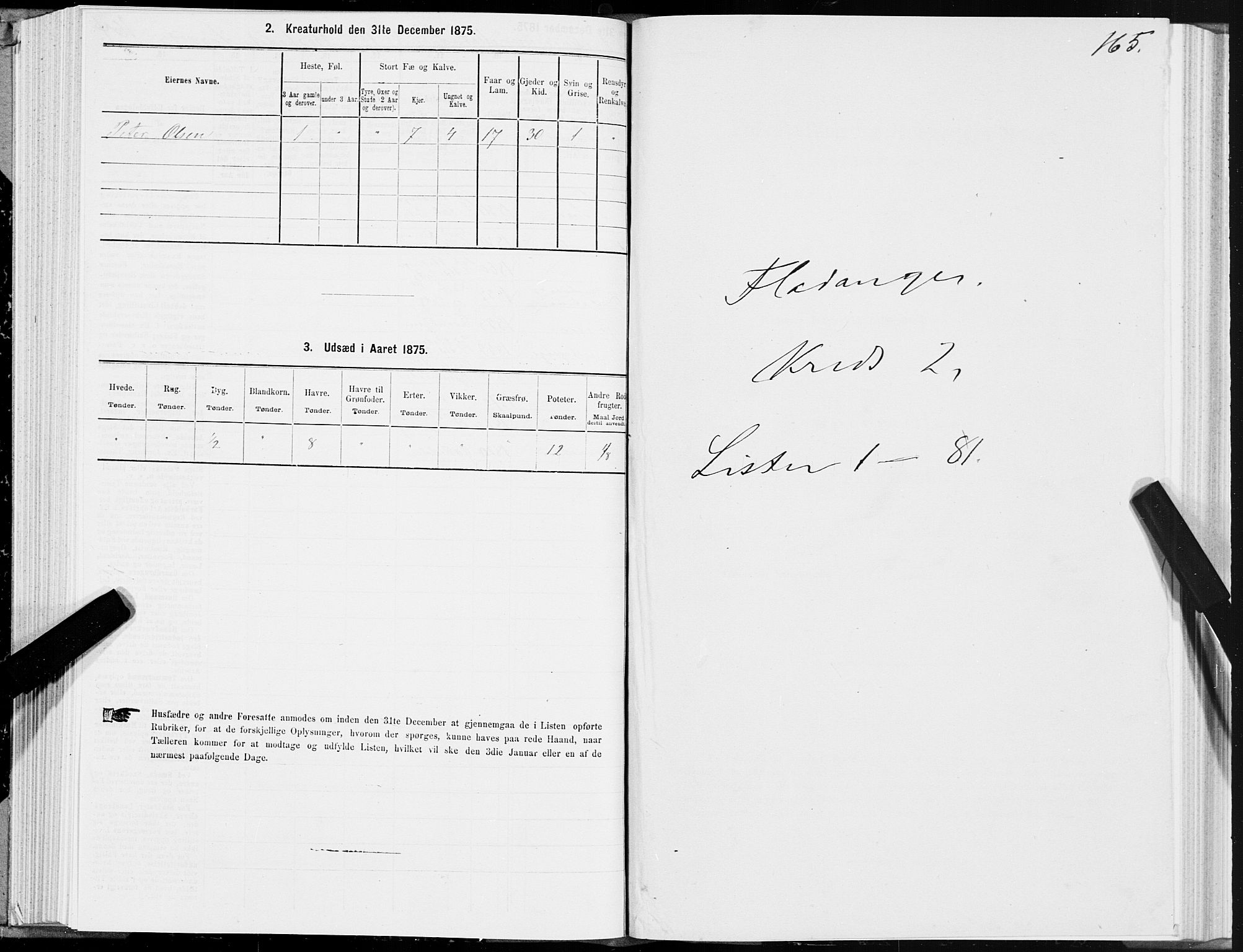 SAT, 1875 census for 1749P Flatanger, 1875, p. 1165