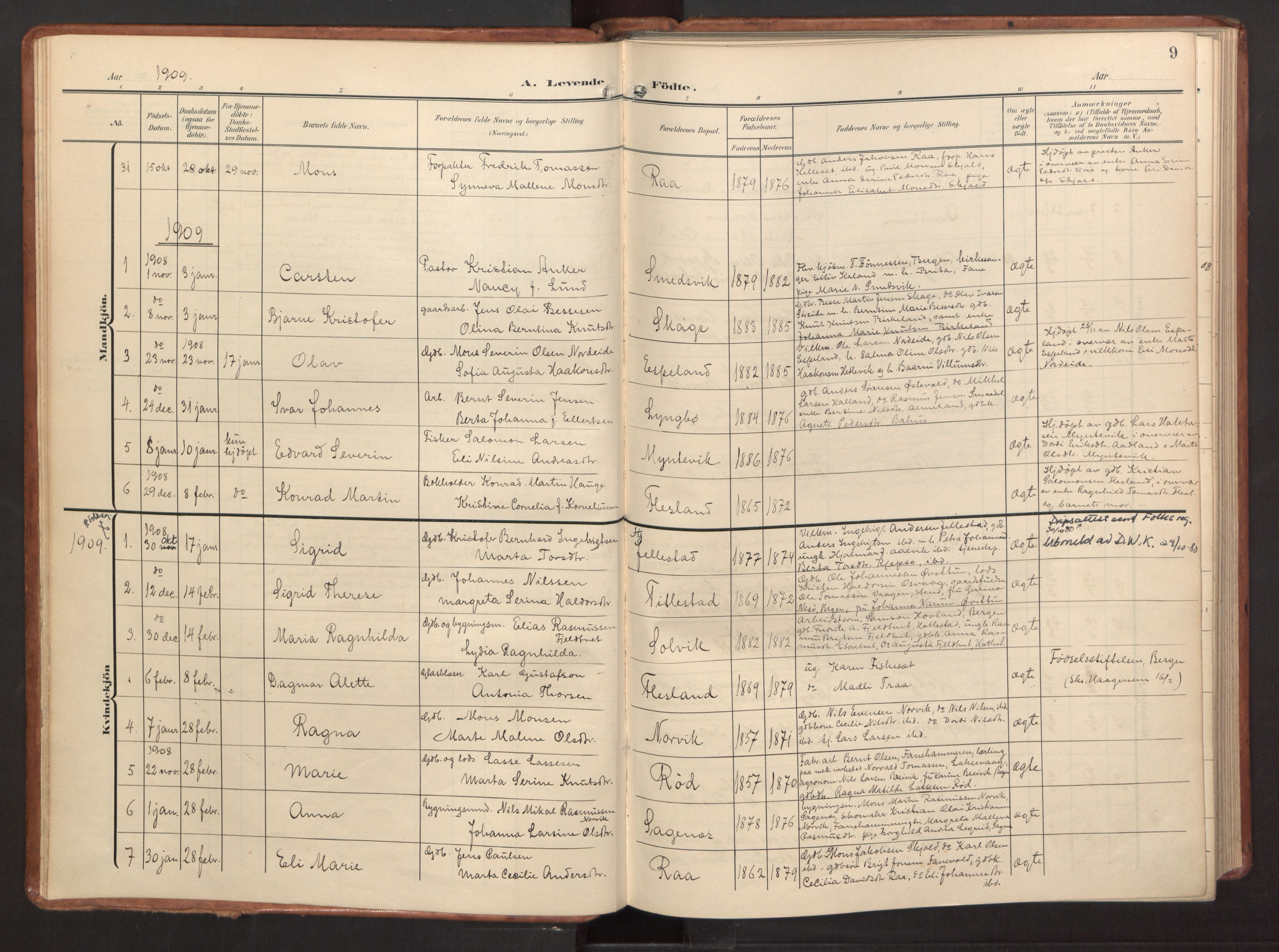 Fana Sokneprestembete, AV/SAB-A-75101/H/Haa/Haab/L0004: Parish register (official) no. B 4, 1908-1915, p. 9