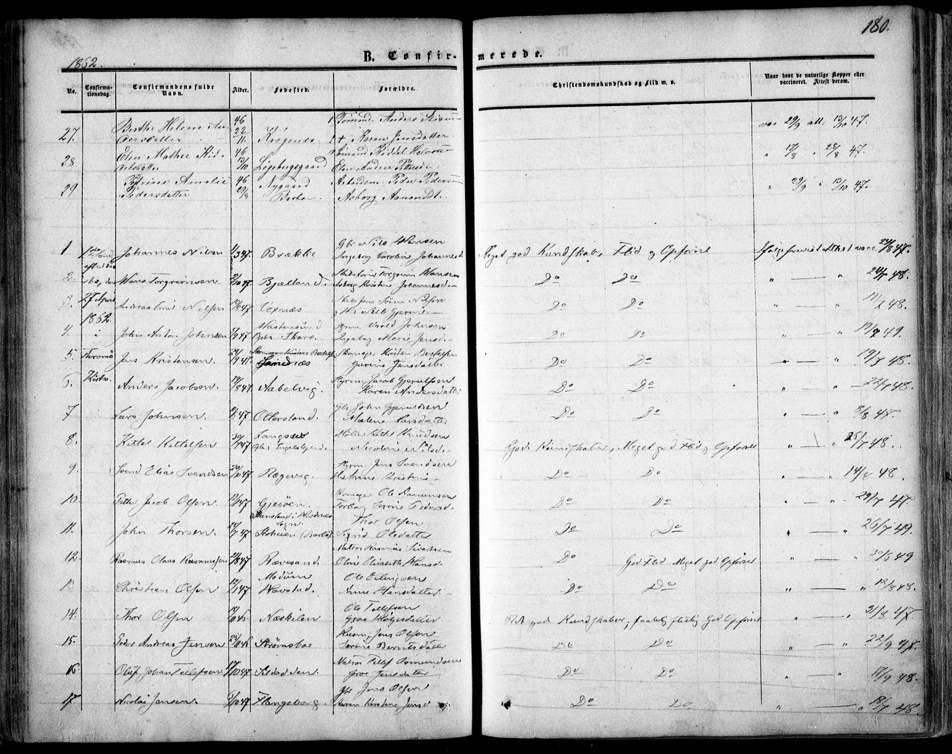 Tromøy sokneprestkontor, SAK/1111-0041/F/Fa/L0006: Parish register (official) no. A 6, 1855-1863, p. 180