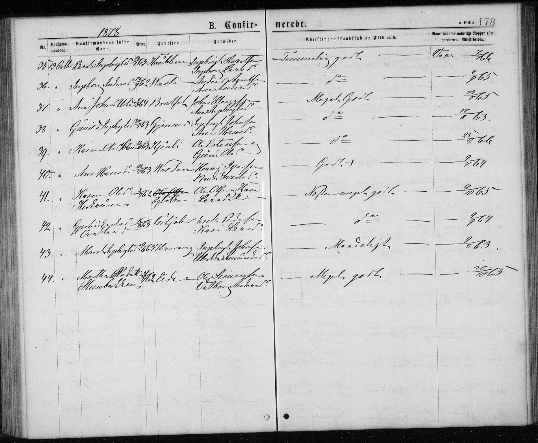 Ministerialprotokoller, klokkerbøker og fødselsregistre - Sør-Trøndelag, SAT/A-1456/668/L0817: Parish register (copy) no. 668C06, 1873-1884, p. 178