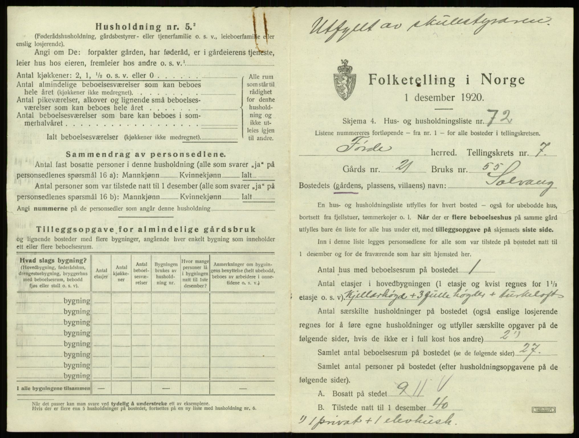 SAB, 1920 census for Førde, 1920, p. 436