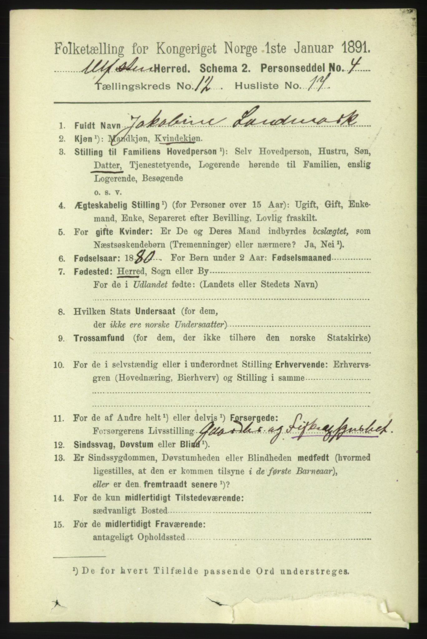 RA, 1891 census for 1516 Ulstein, 1891, p. 3965