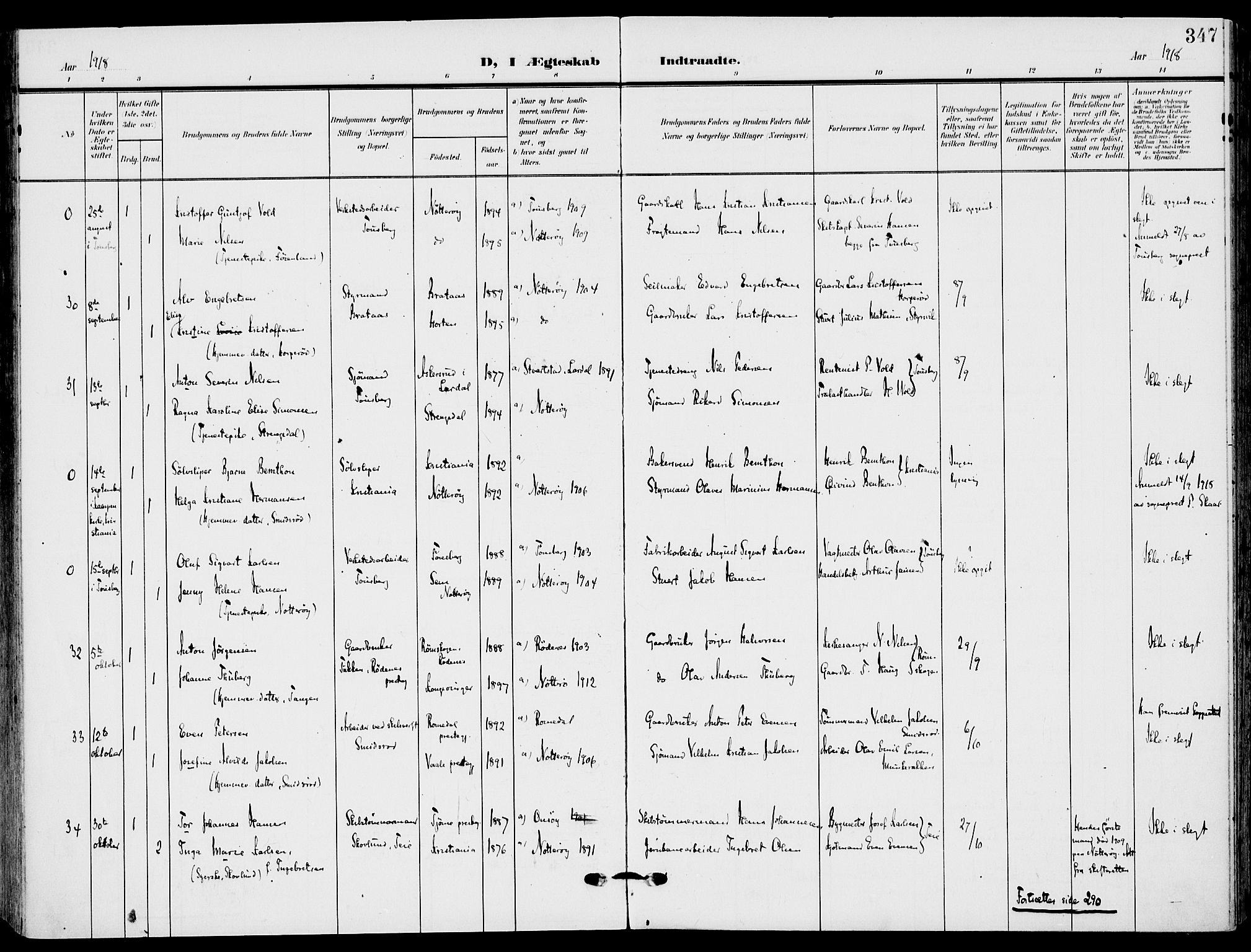 Nøtterøy kirkebøker, AV/SAKO-A-354/F/Fa/L0010: Parish register (official) no. I 10, 1908-1919, p. 347