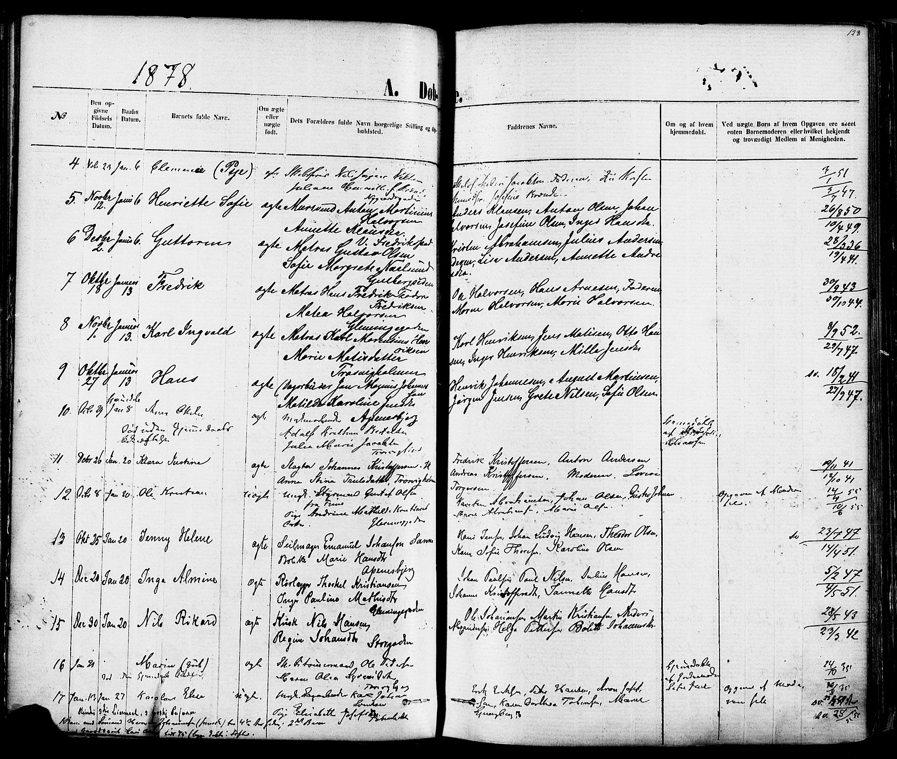 Fredrikstad domkirkes prestekontor Kirkebøker, AV/SAO-A-10906/F/Fa/L0001: Parish register (official) no. 1, 1871-1878, p. 128