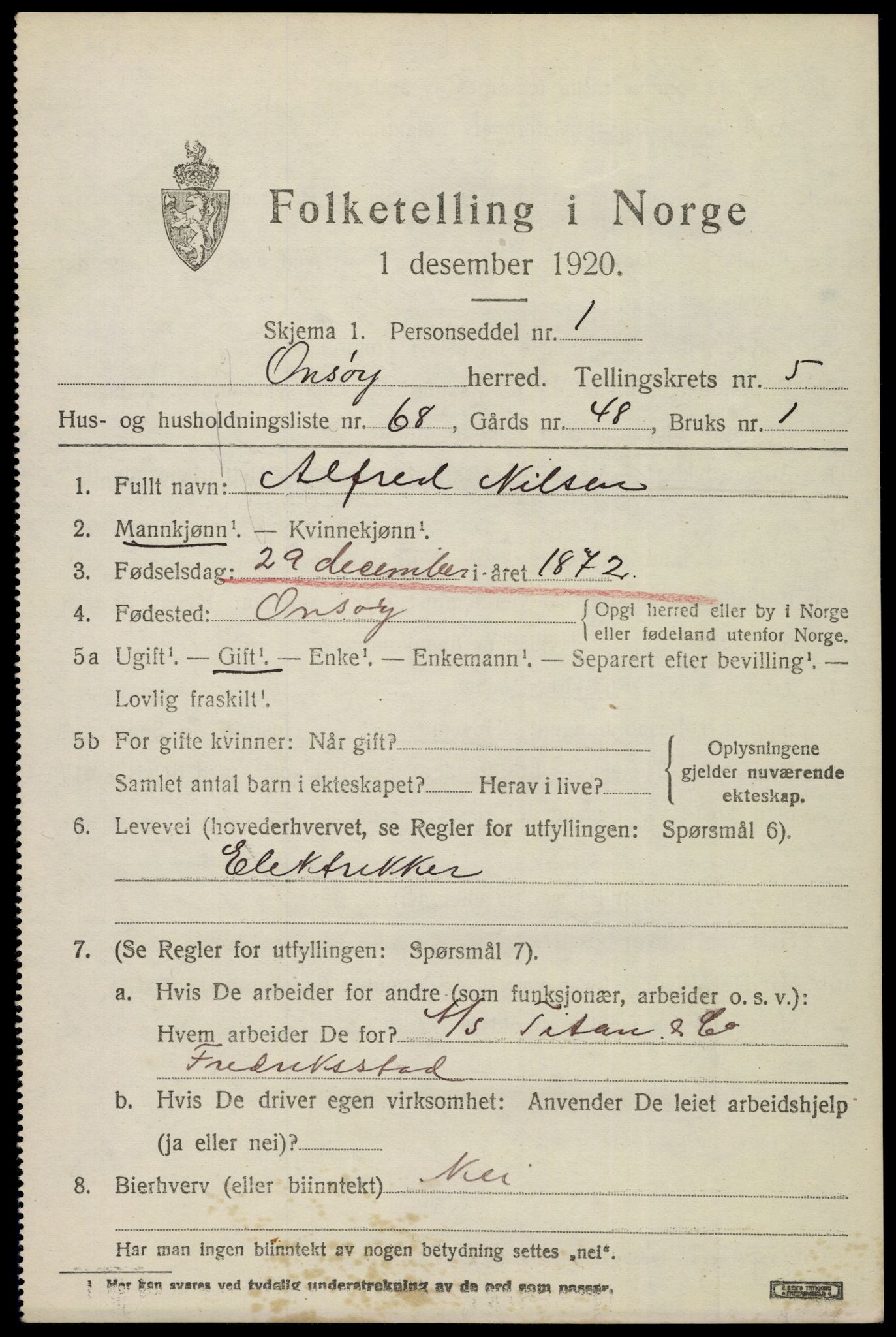 SAO, 1920 census for Onsøy, 1920, p. 7394