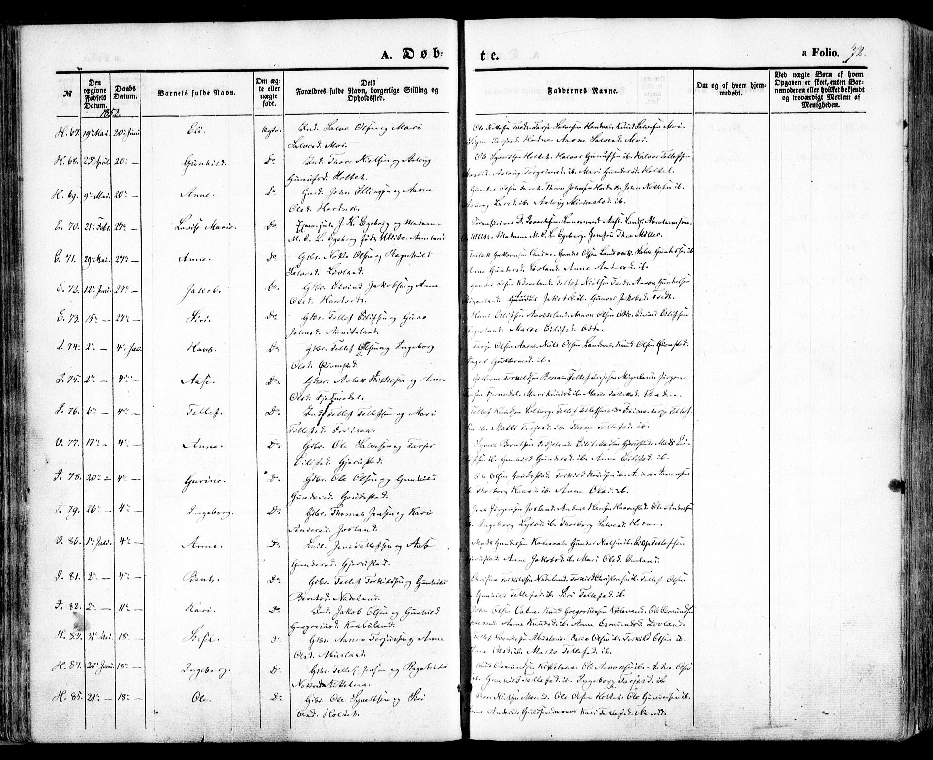 Evje sokneprestkontor, AV/SAK-1111-0008/F/Fa/Faa/L0005: Parish register (official) no. A 5, 1843-1865, p. 72