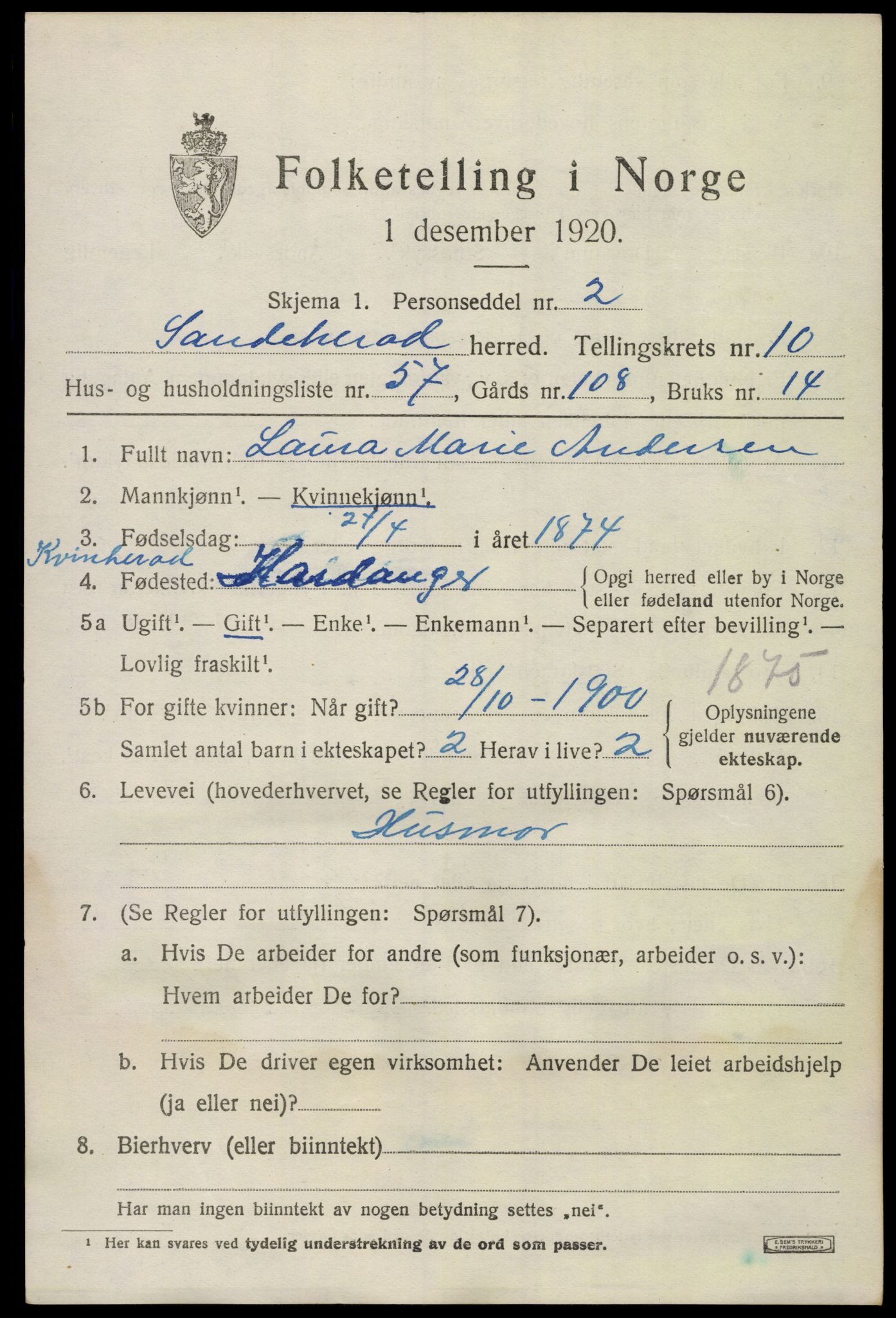 SAKO, 1920 census for Sandeherred, 1920, p. 15246