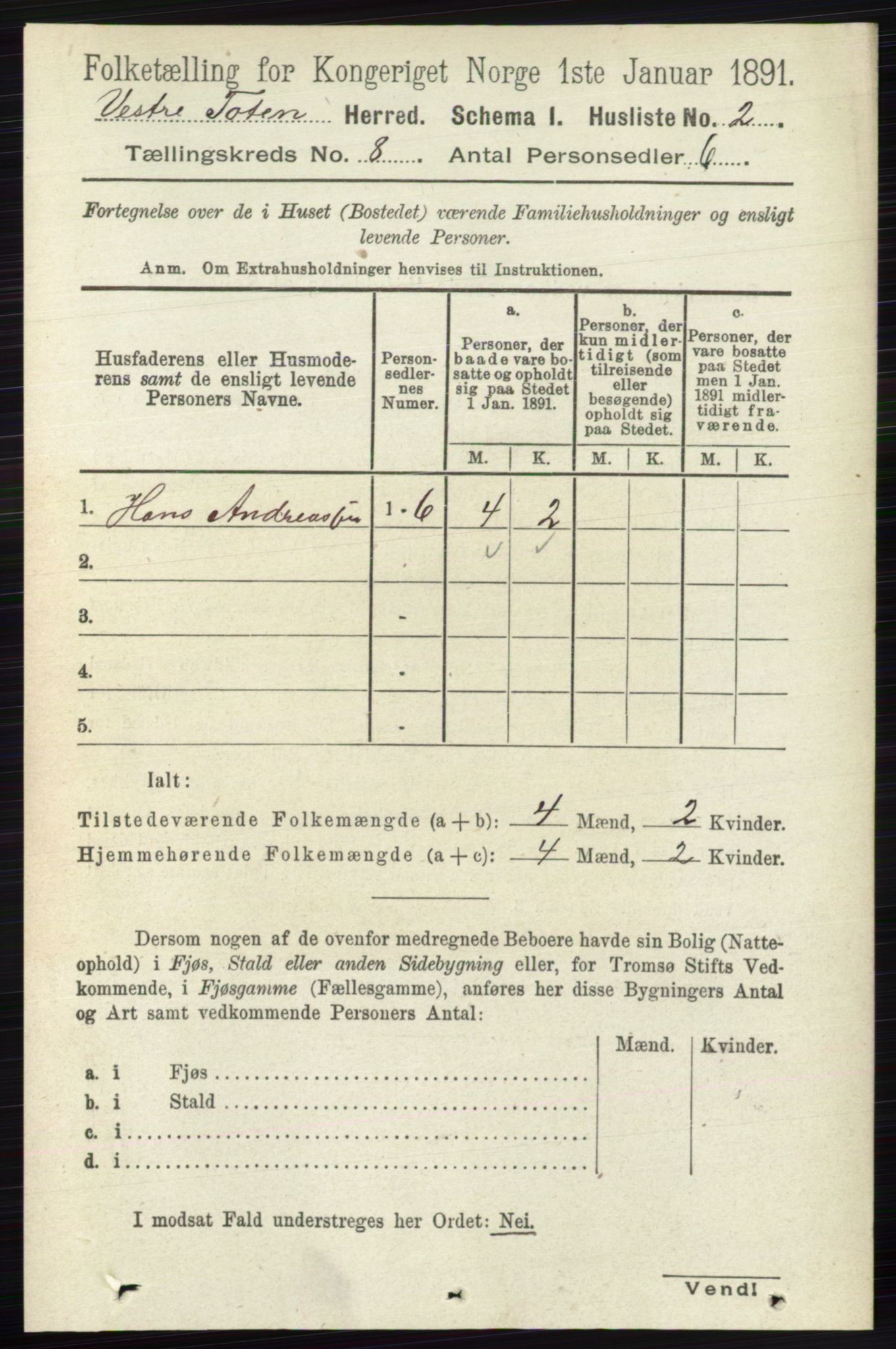 RA, 1891 census for 0529 Vestre Toten, 1891, p. 4915