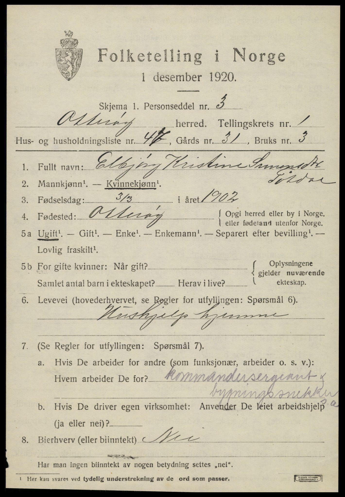 SAT, 1920 census for Otterøy, 1920, p. 1111