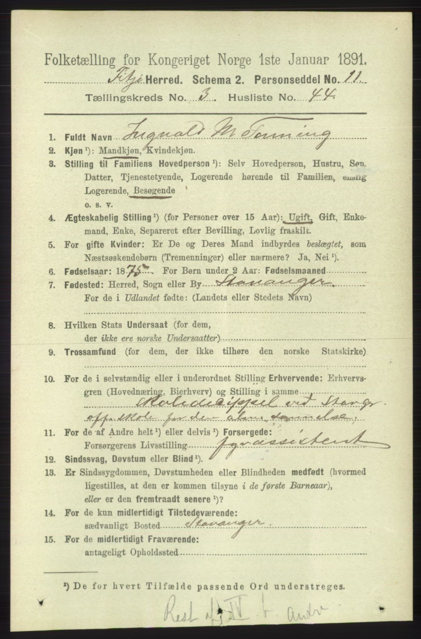 RA, 1891 census for 1222 Fitjar, 1891, p. 1282