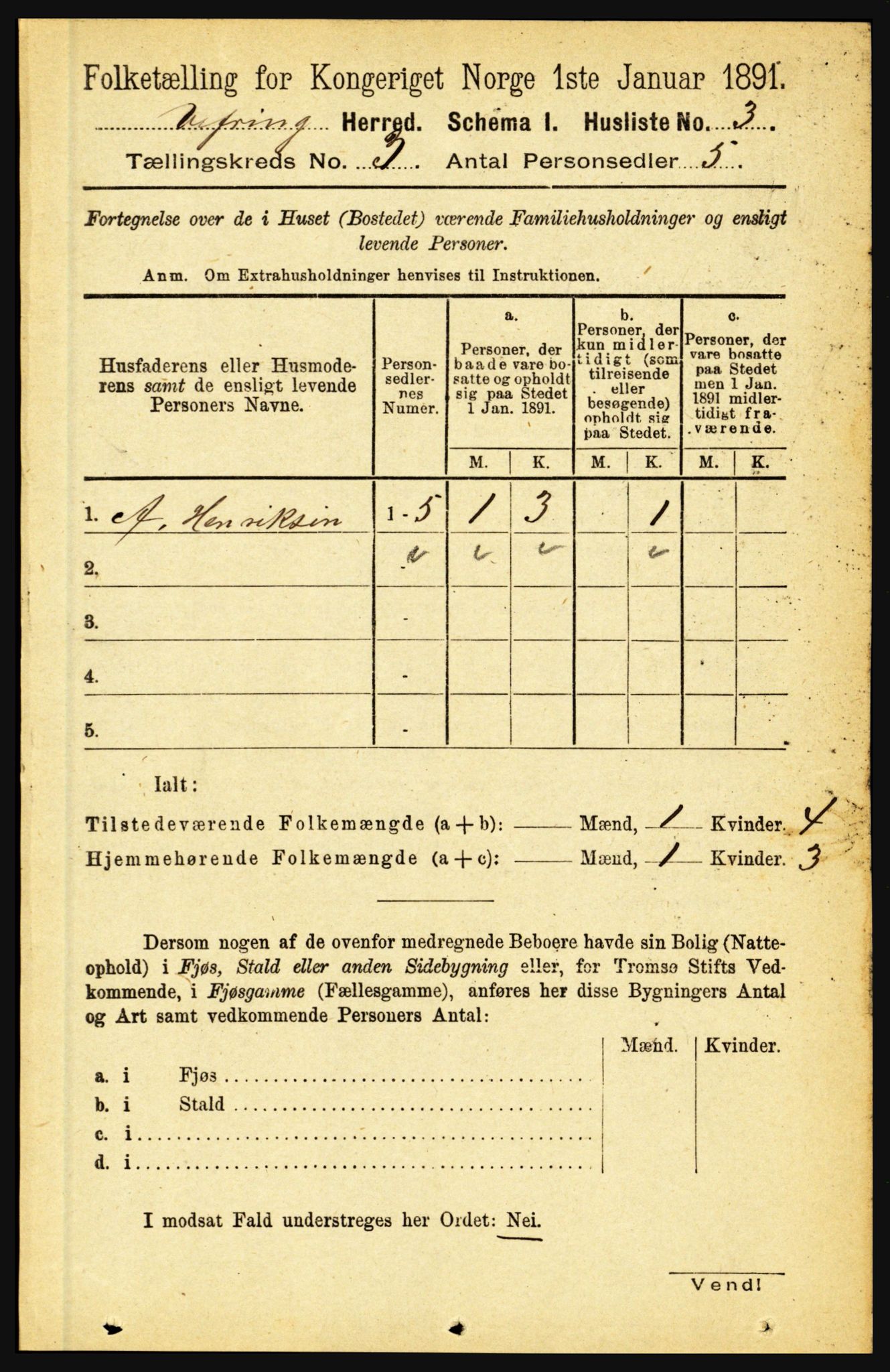 RA, 1891 census for 1434 Vevring, 1891, p. 726