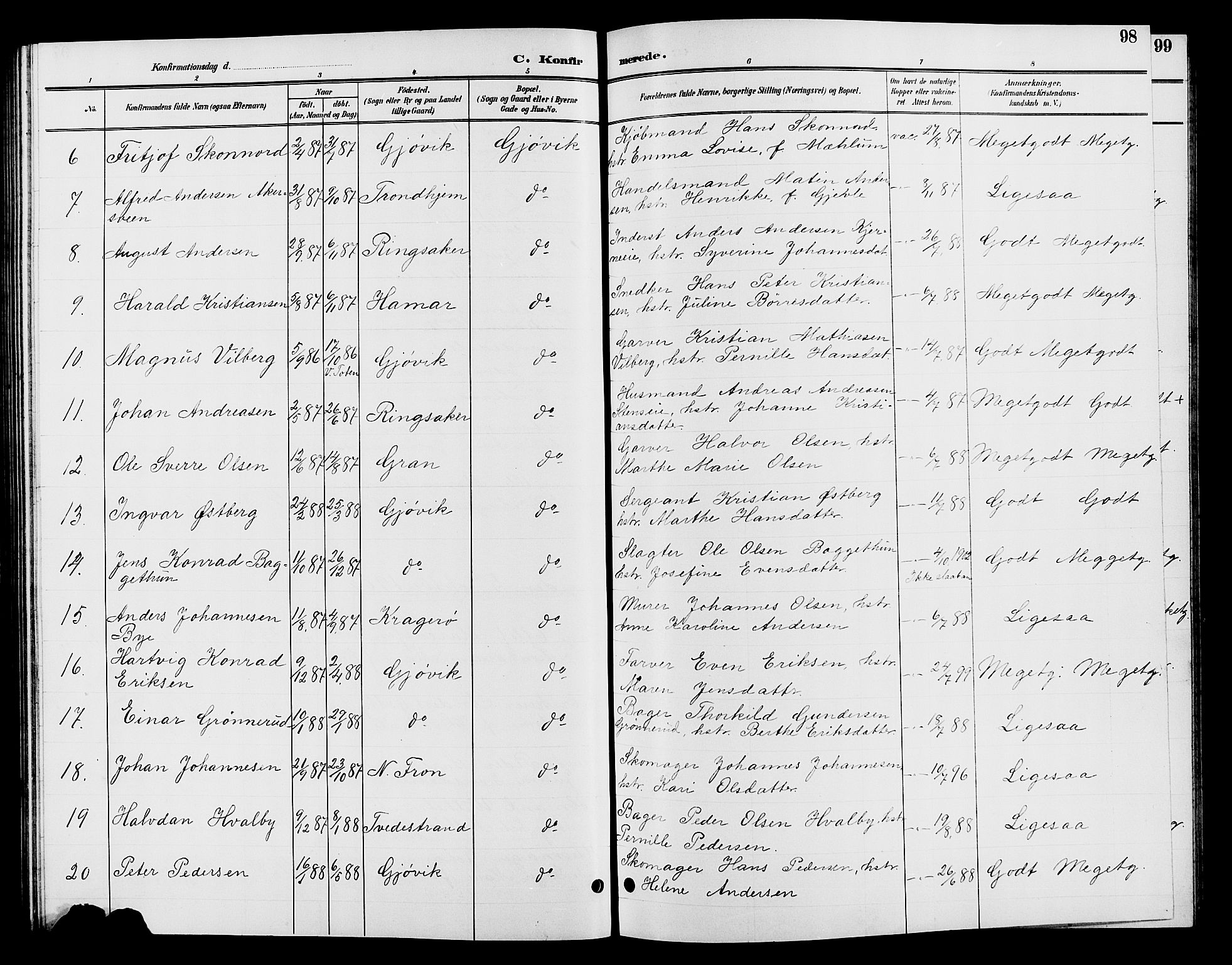 Vardal prestekontor, SAH/PREST-100/H/Ha/Hab/L0009: Parish register (copy) no. 9, 1894-1902, p. 98