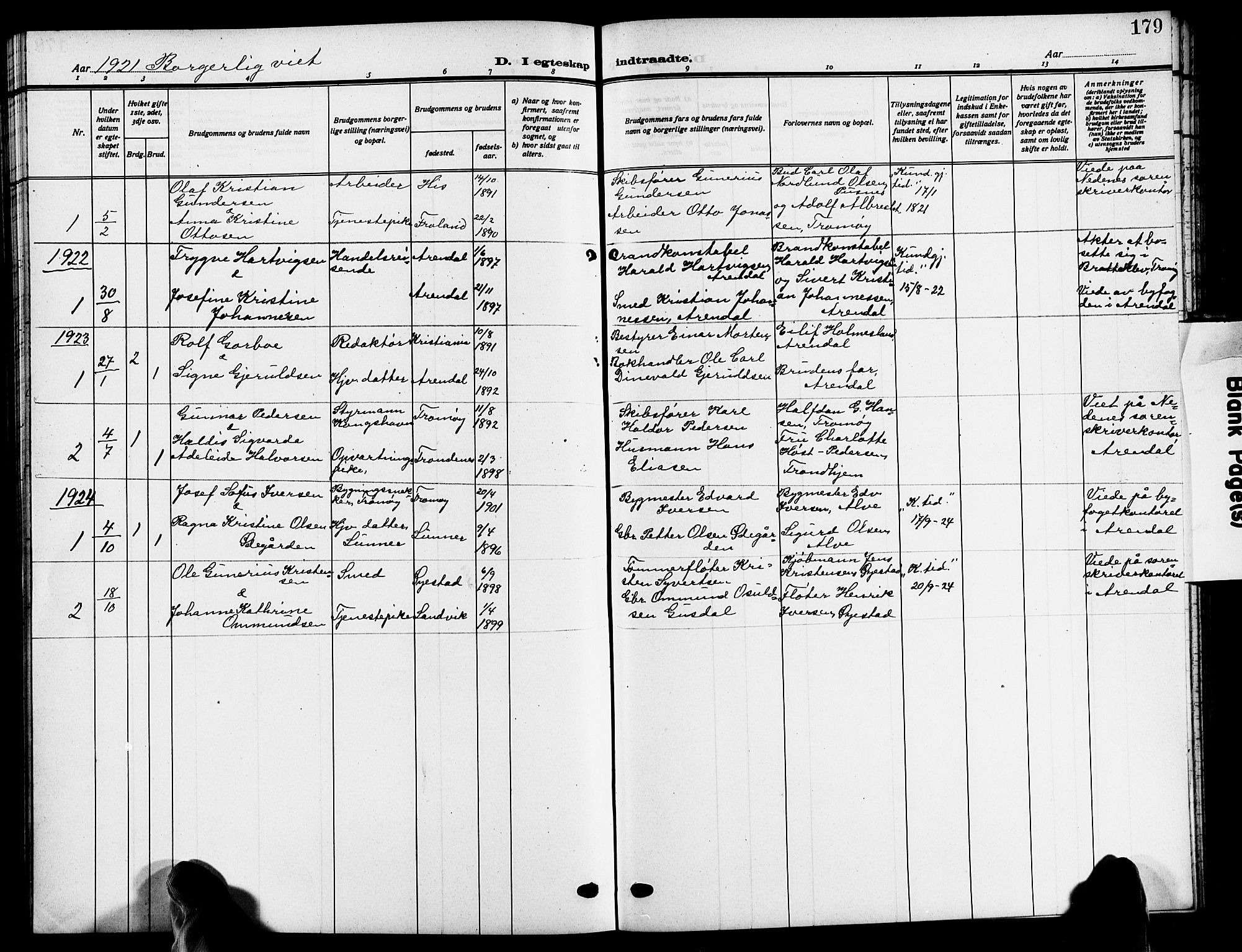 Tromøy sokneprestkontor, SAK/1111-0041/F/Fb/L0007: Parish register (copy) no. B 7, 1908-1925, p. 179