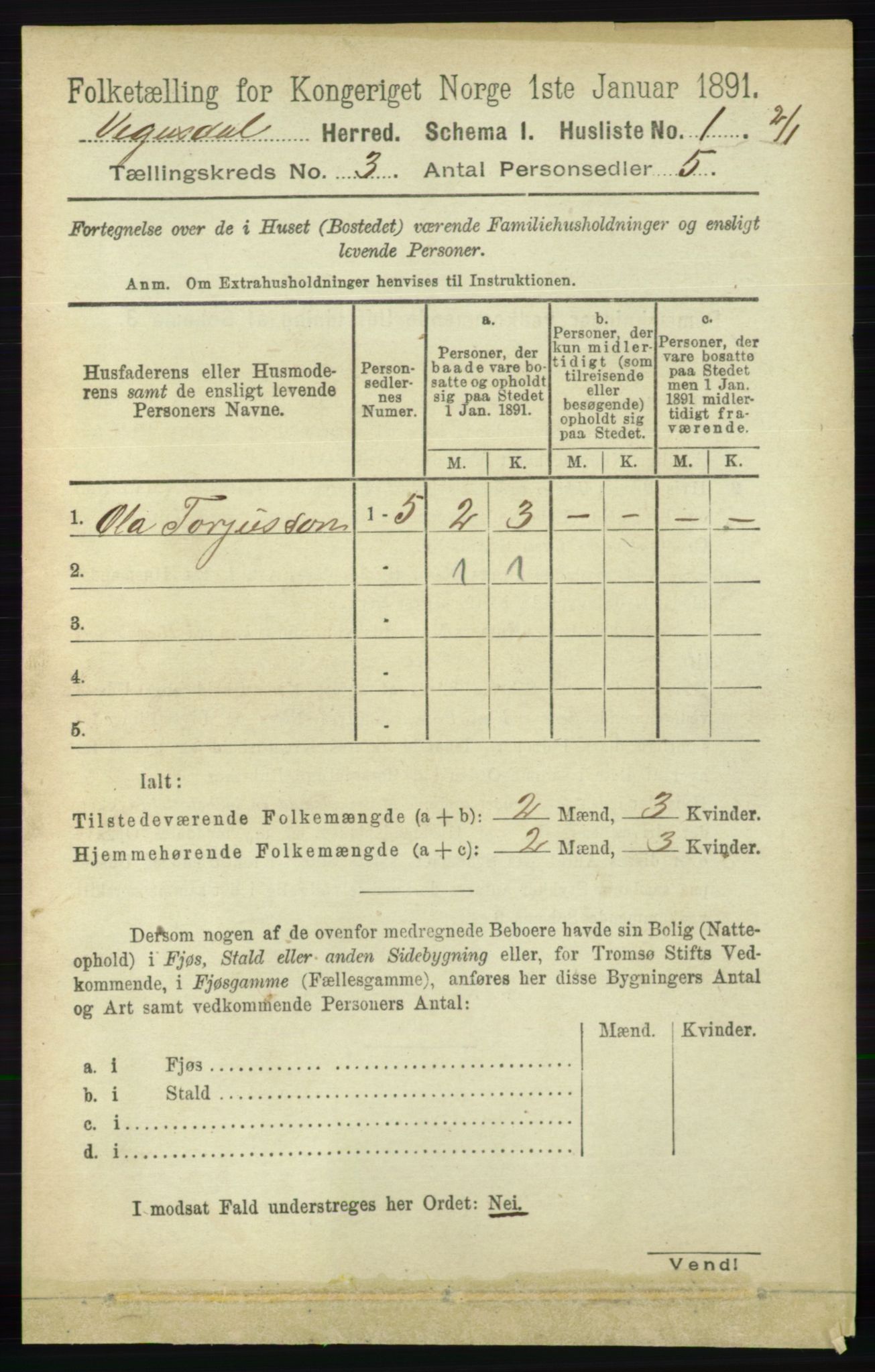 RA, 1891 census for 0934 Vegusdal, 1891, p. 533