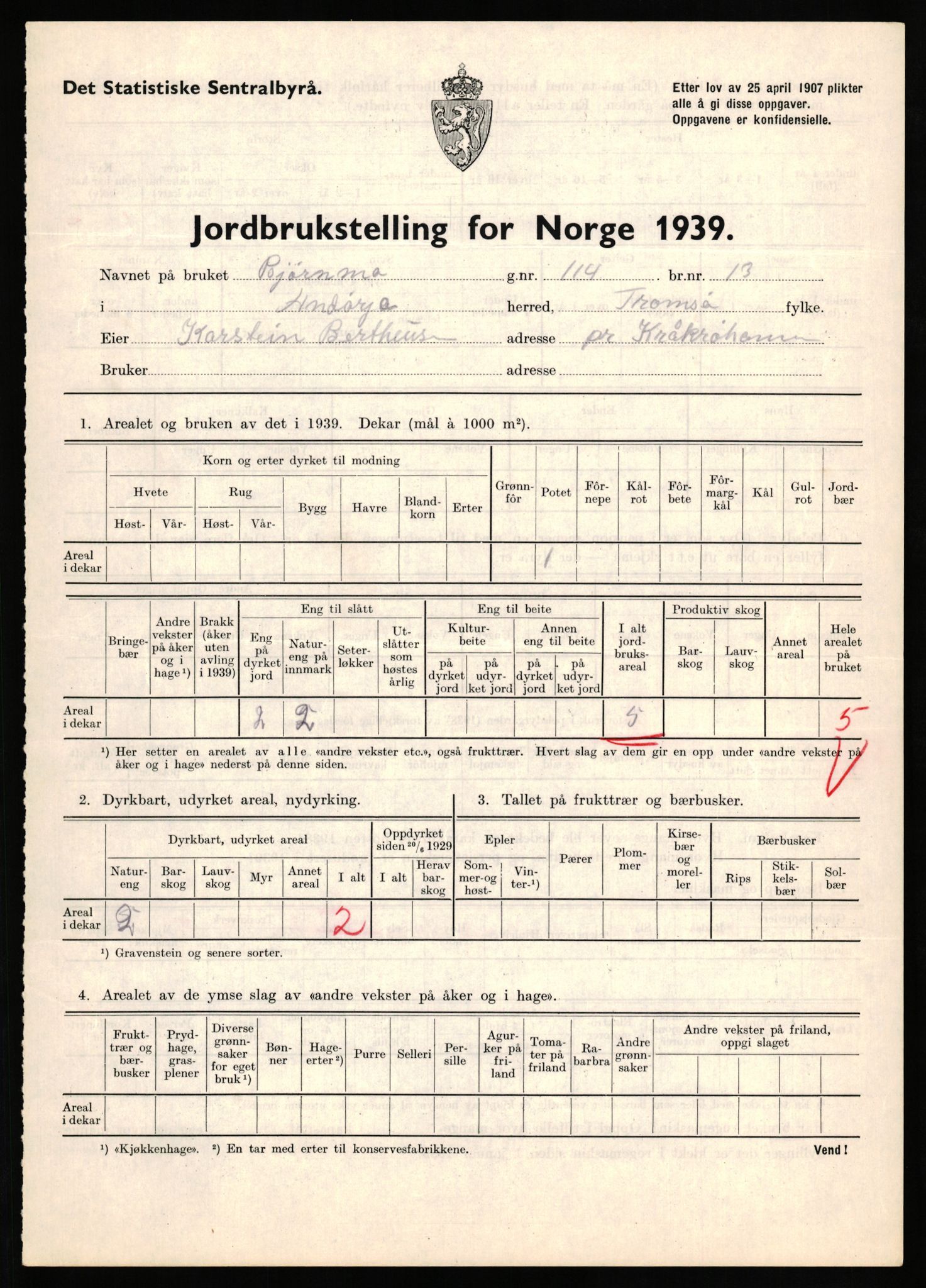 Statistisk sentralbyrå, Næringsøkonomiske emner, Jordbruk, skogbruk, jakt, fiske og fangst, AV/RA-S-2234/G/Gb/L0339: Troms: Andørja, Astafjord og Lavangen, 1939, p. 410