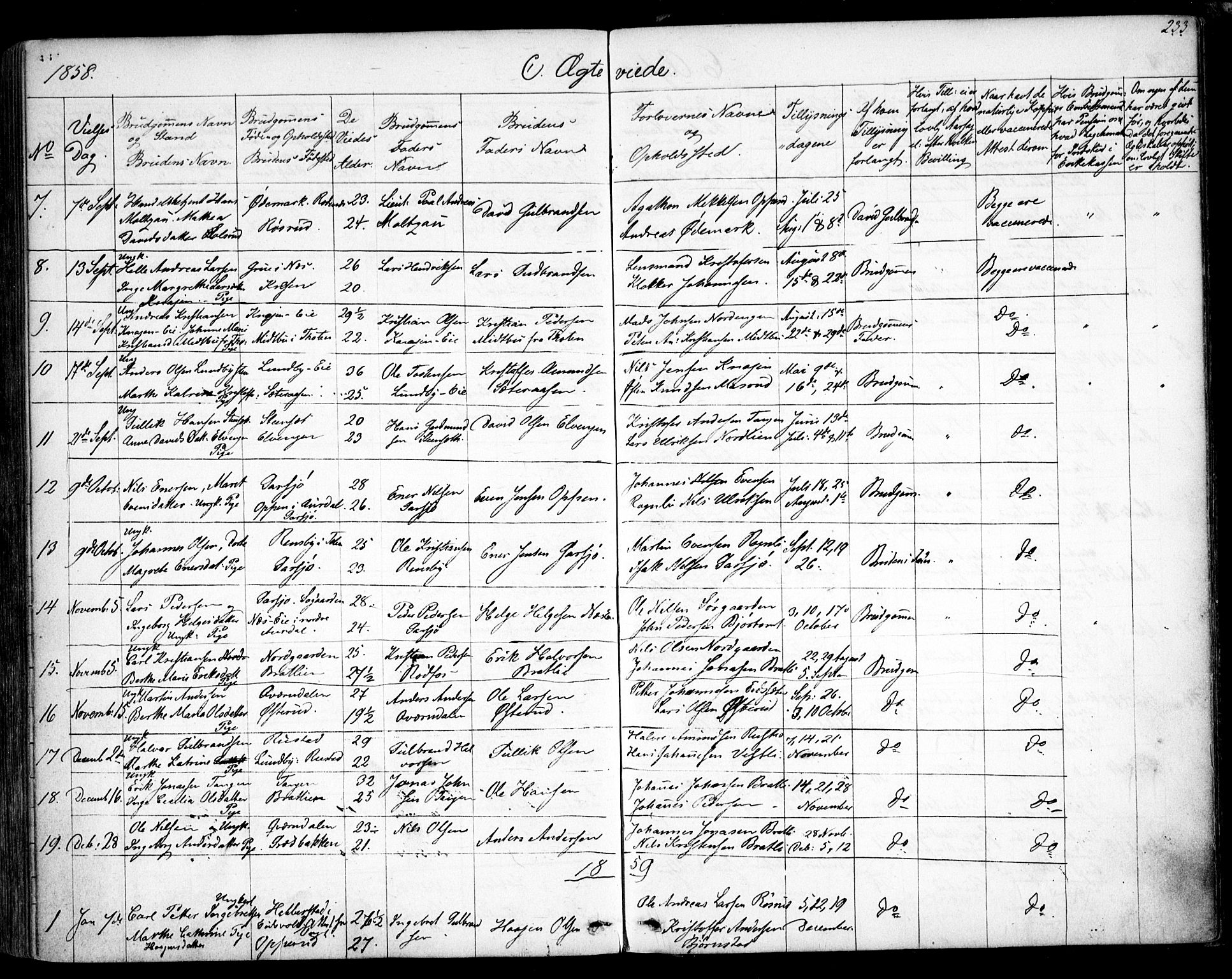 Hurdal prestekontor Kirkebøker, SAO/A-10889/F/Fa/L0005: Parish register (official) no. I 5, 1846-1859, p. 233