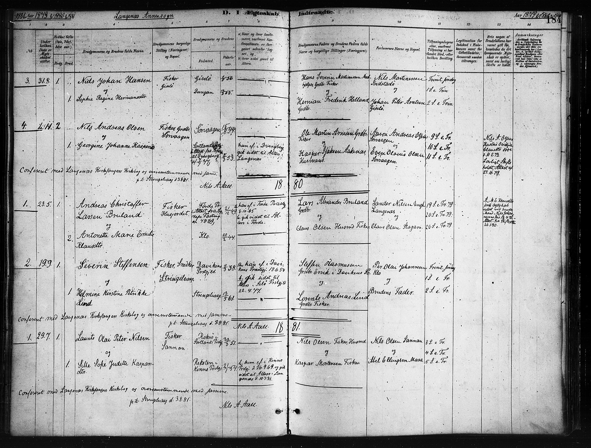 Ministerialprotokoller, klokkerbøker og fødselsregistre - Nordland, AV/SAT-A-1459/893/L1335: Parish register (official) no. 893A08 /2, 1878-1884, p. 184