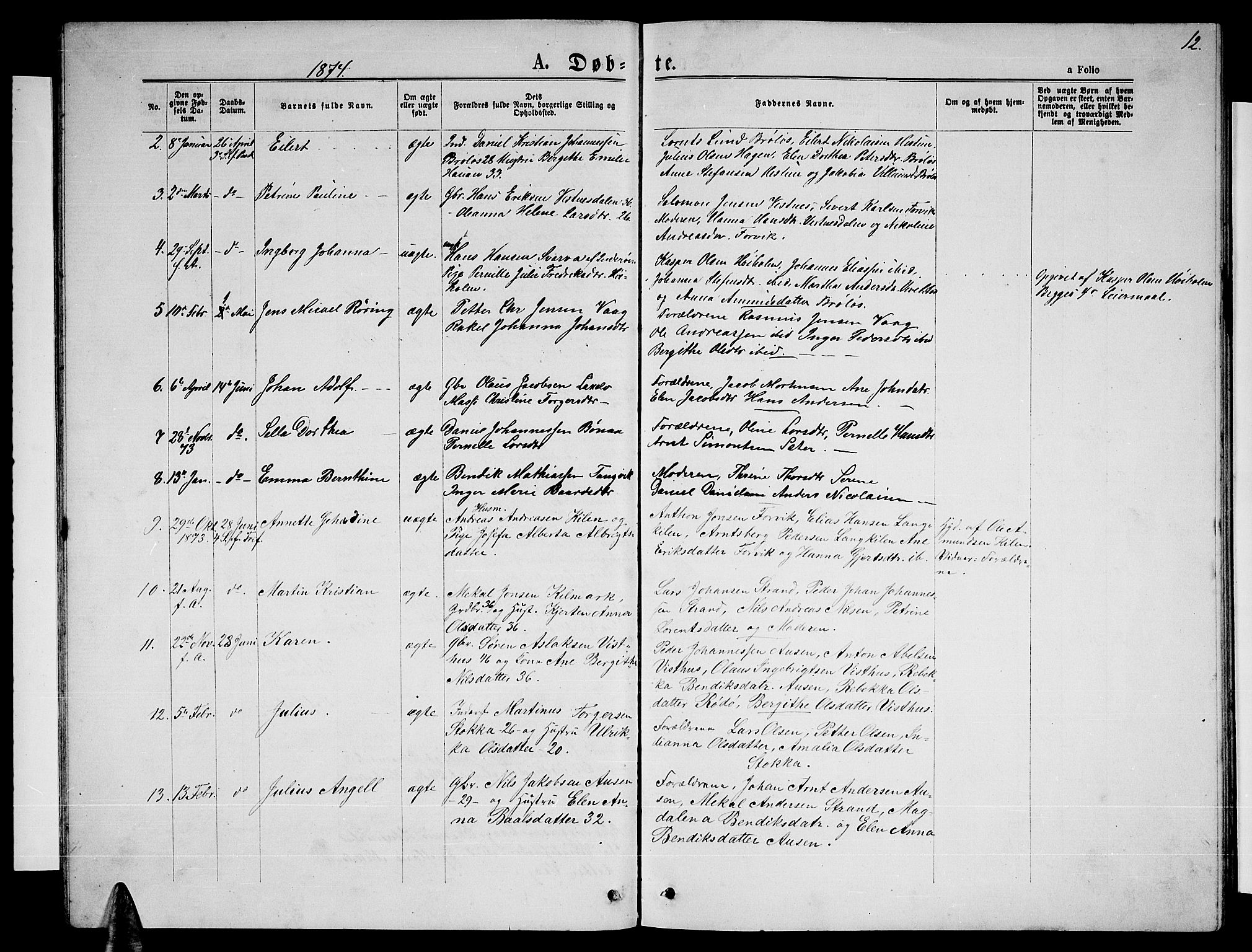 Ministerialprotokoller, klokkerbøker og fødselsregistre - Nordland, AV/SAT-A-1459/819/L0276: Parish register (copy) no. 819C02, 1869-1887, p. 12