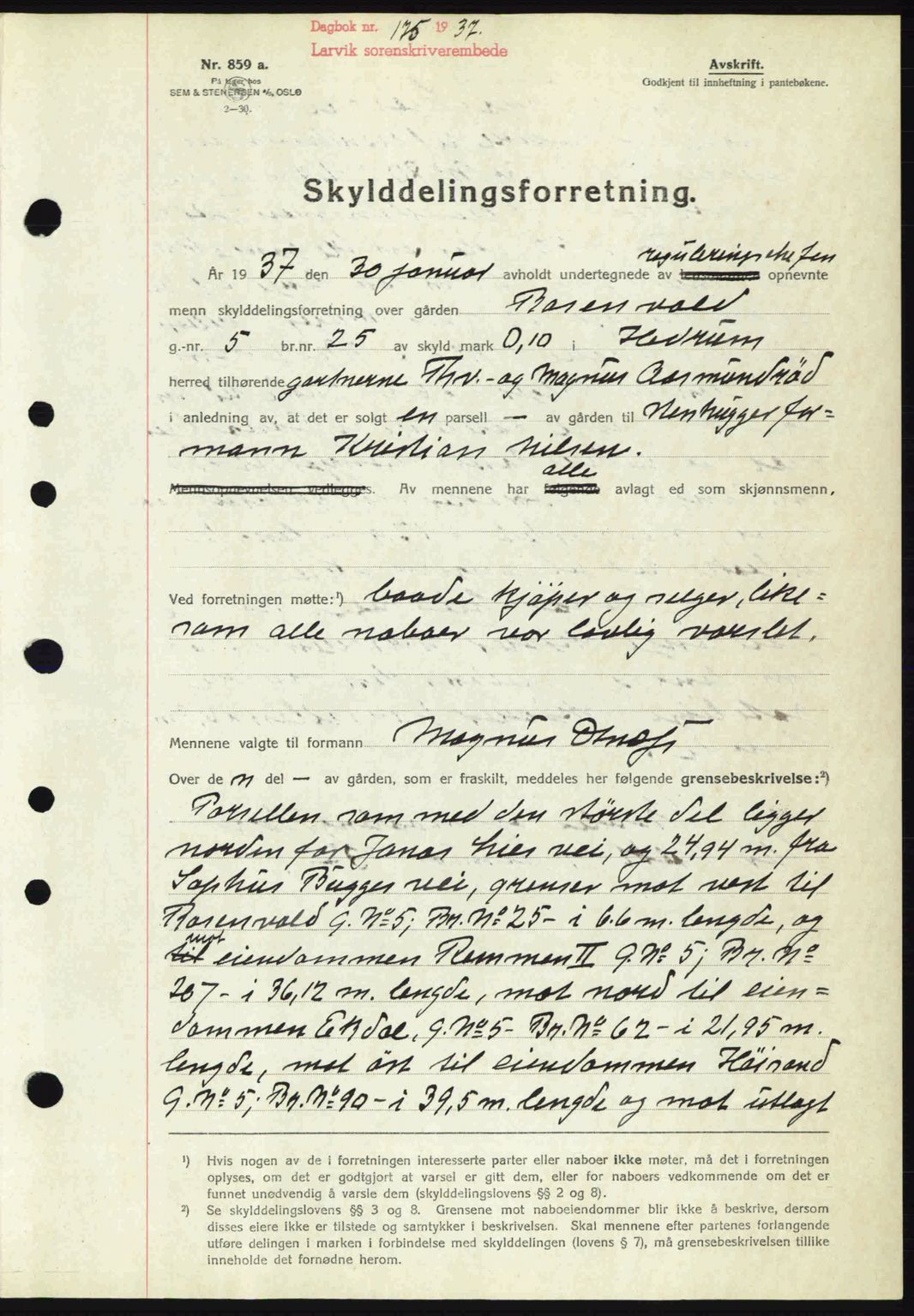 Larvik sorenskriveri, SAKO/A-83/G/Ga/Gab/L0067: Mortgage book no. A-1, 1936-1937, Diary no: : 175/1937