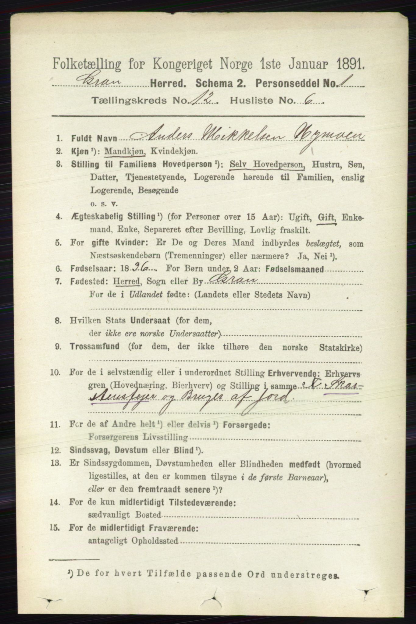 RA, 1891 census for 0534 Gran, 1891, p. 6219