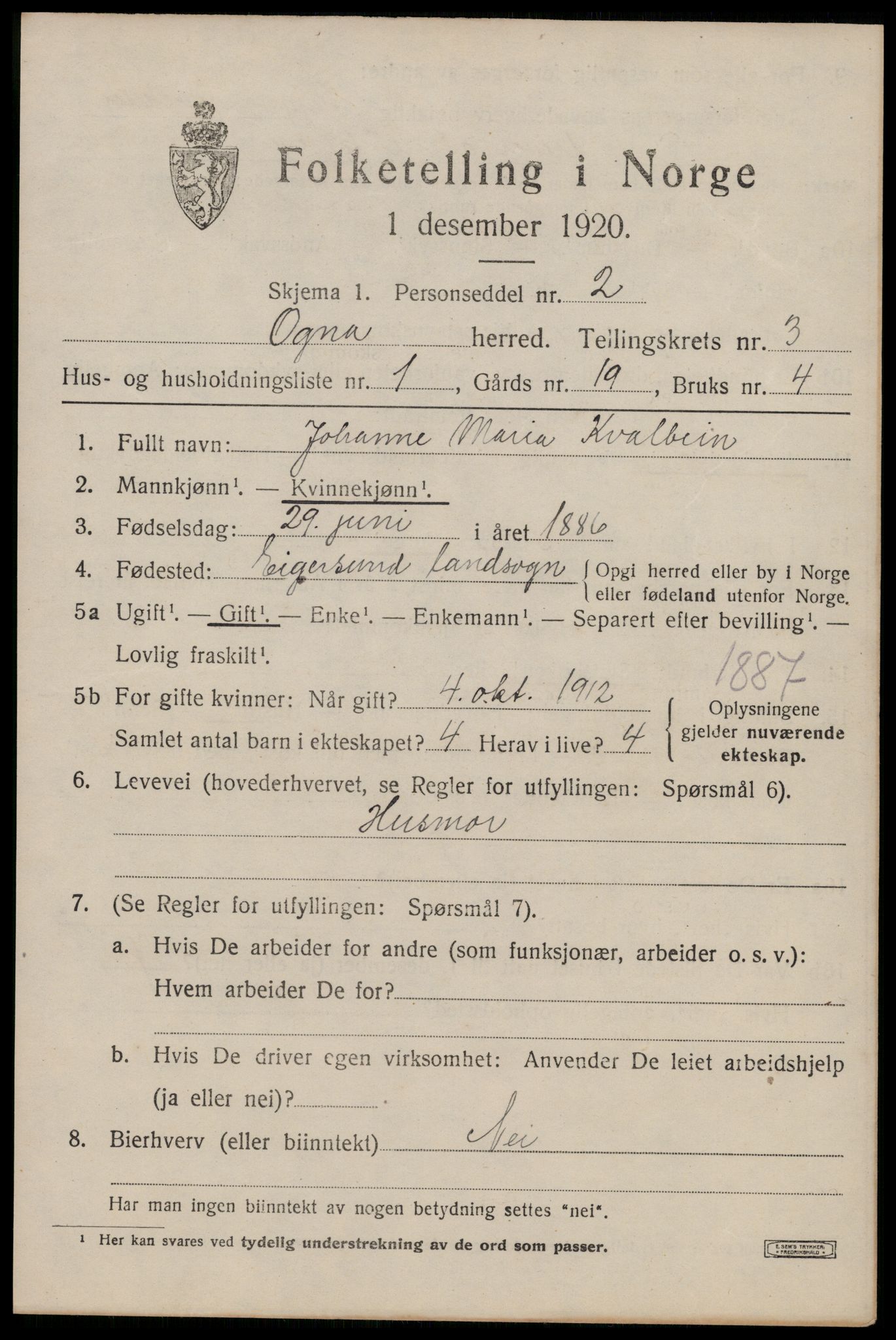 SAST, 1920 census for Ogna, 1920, p. 1749