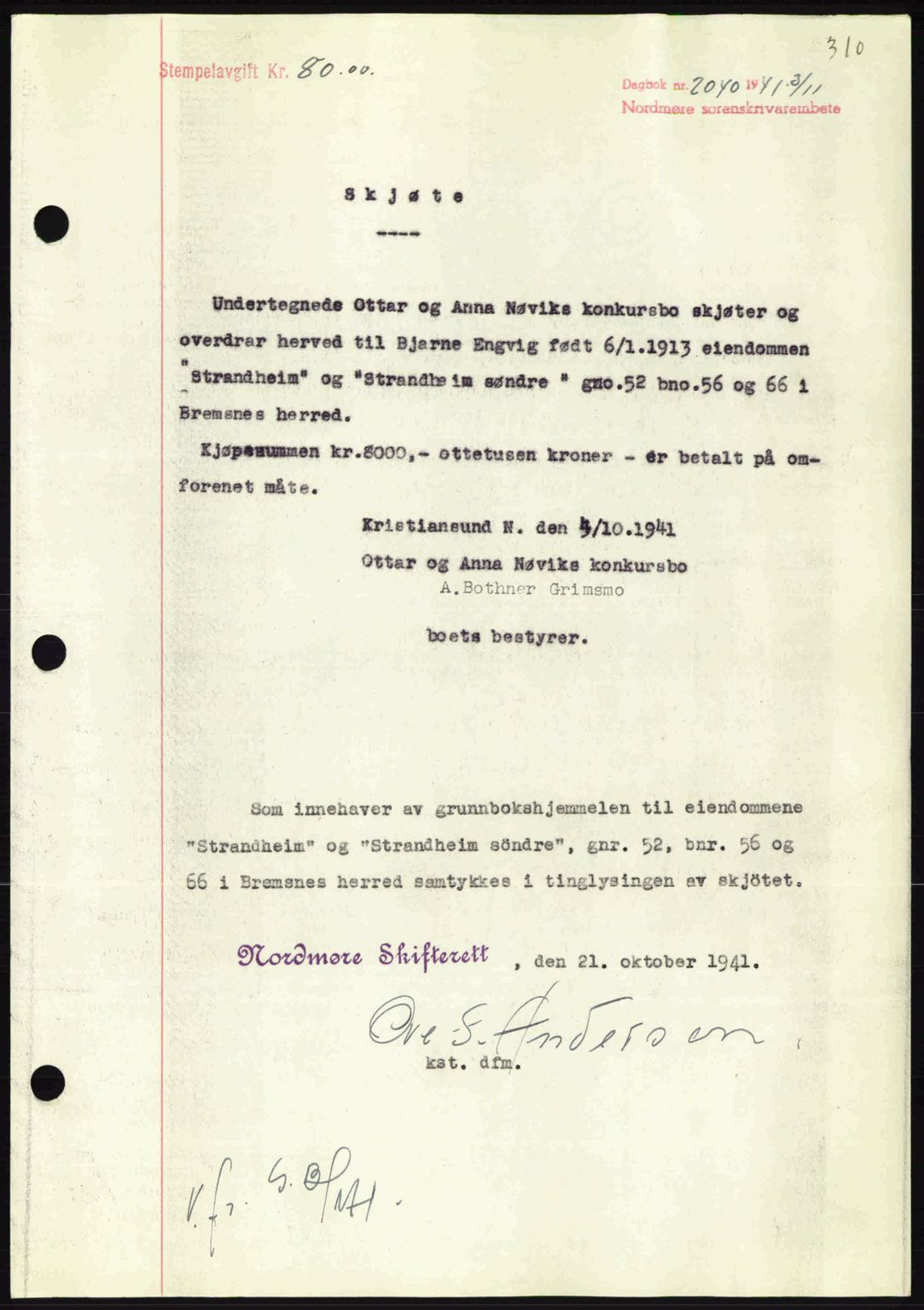 Nordmøre sorenskriveri, AV/SAT-A-4132/1/2/2Ca: Mortgage book no. A91, 1941-1942, Diary no: : 2040/1941