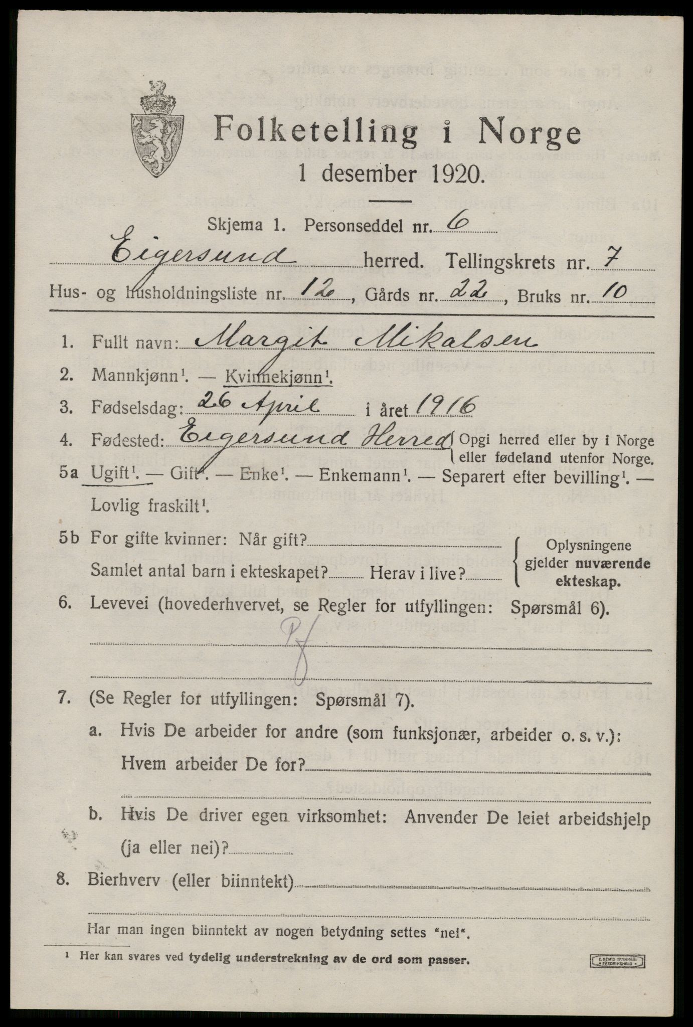 SAST, 1920 census for Eigersund, 1920, p. 4797