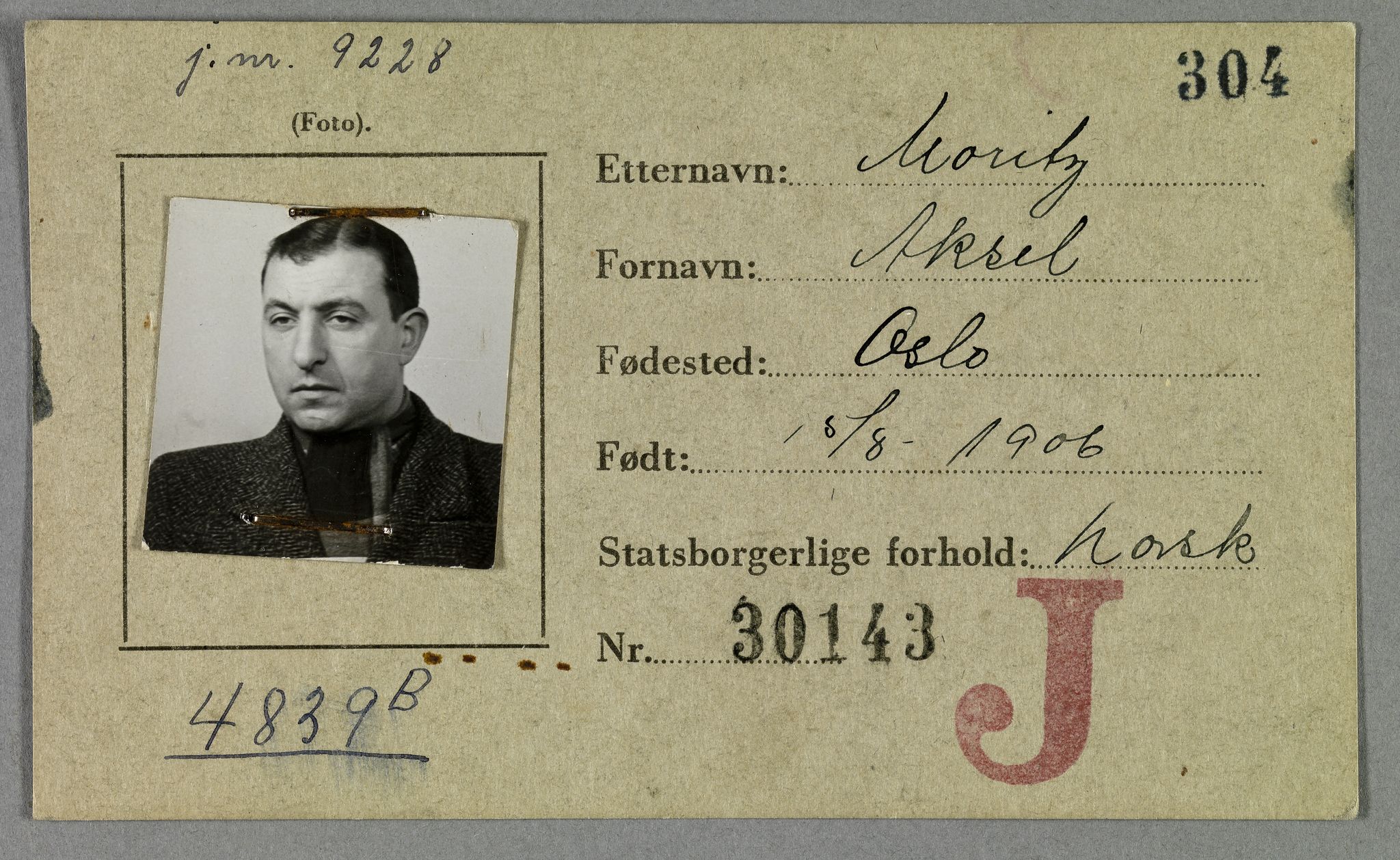 Sosialdepartementet, Våre Falne, RA/S-1708/E/Ee/L0021A: Fotografier av jøder på legitimasjonskort (1941-42), 1941-1942, p. 261