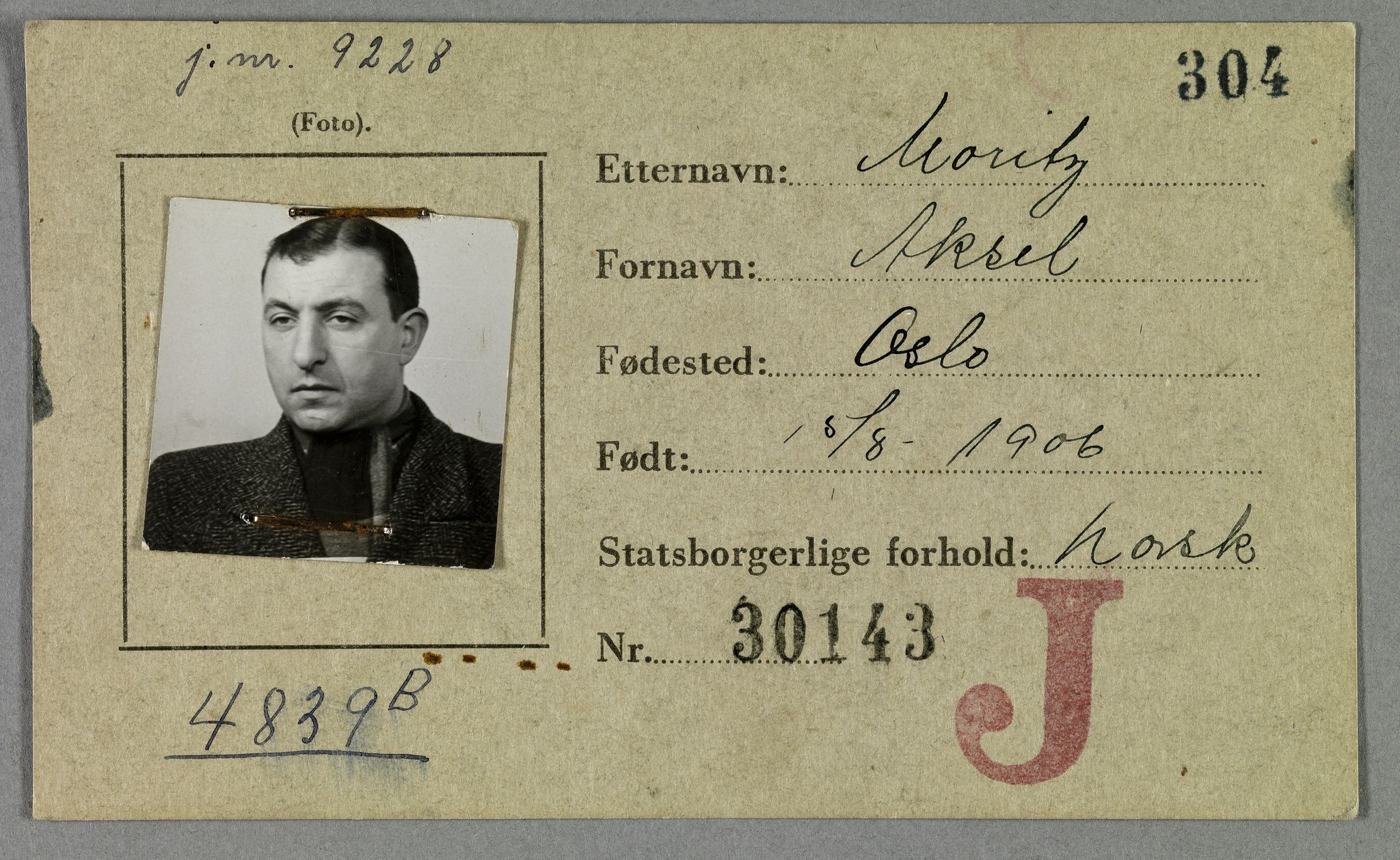 Sosialdepartementet, Våre Falne, AV/RA-S-1708/E/Ee/Eea/L0021A: Legitimasjonskort med fotografier for jøder, 1941-1942, p. 261