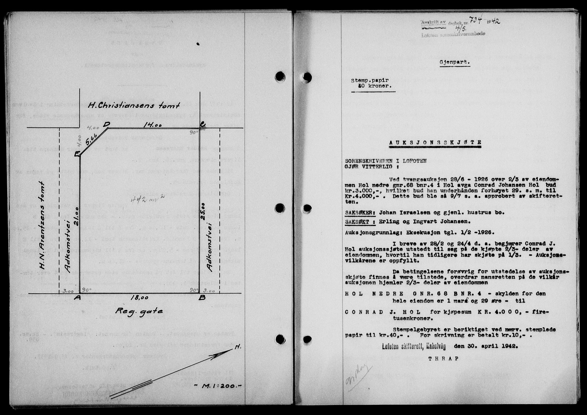 Lofoten sorenskriveri, SAT/A-0017/1/2/2C/L0009a: Mortgage book no. 9a, 1941-1942, Diary no: : 734/1942