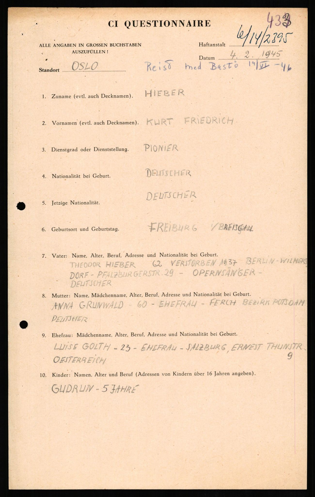 Forsvaret, Forsvarets overkommando II, AV/RA-RAFA-3915/D/Db/L0013: CI Questionaires. Tyske okkupasjonsstyrker i Norge. Tyskere., 1945-1946, p. 158