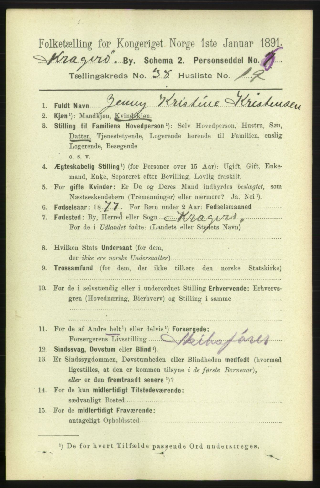 RA, 1891 census for 0801 Kragerø, 1891, p. 7265