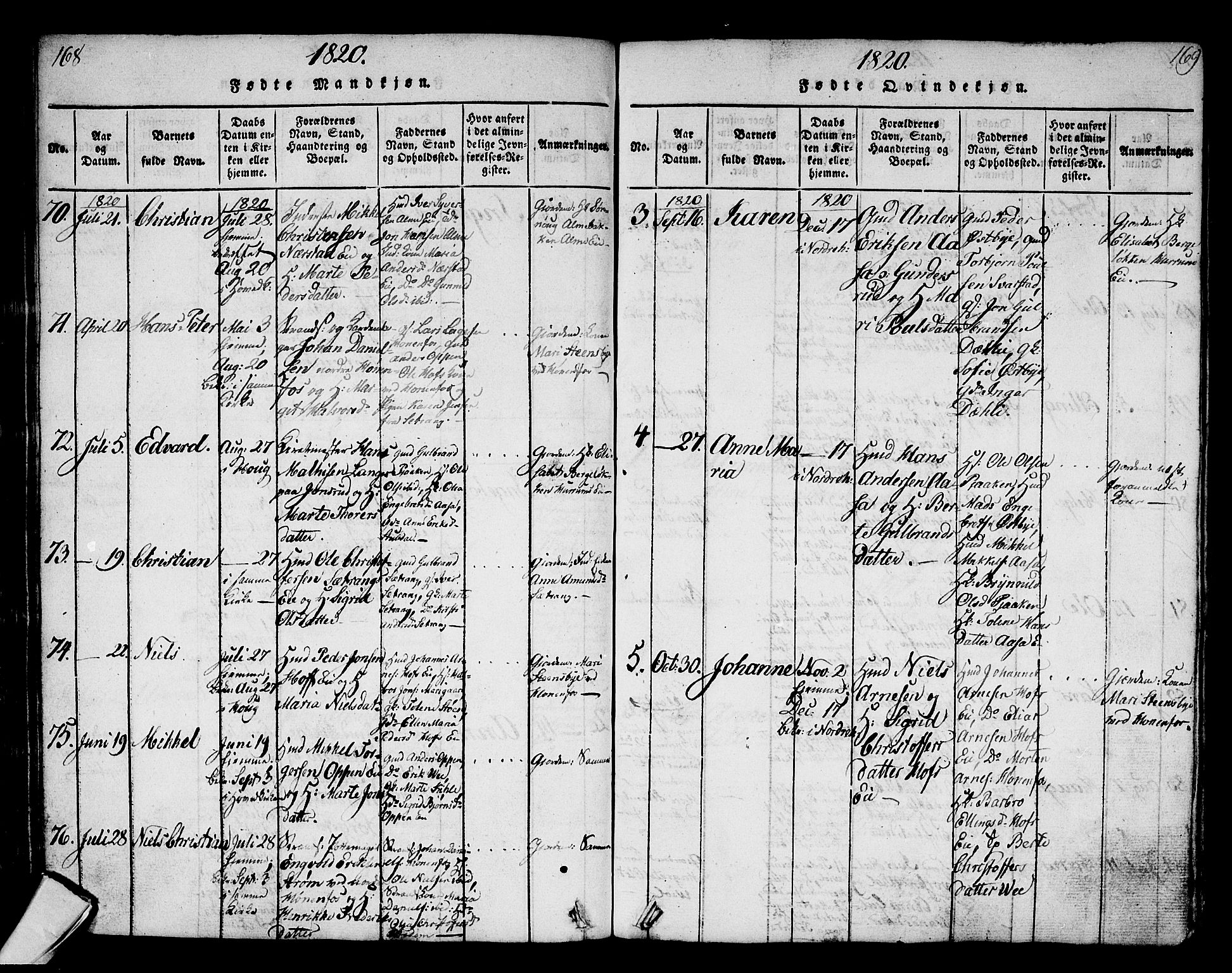 Norderhov kirkebøker, AV/SAKO-A-237/G/Ga/L0002: Parish register (copy) no. I 2, 1814-1867, p. 168-169