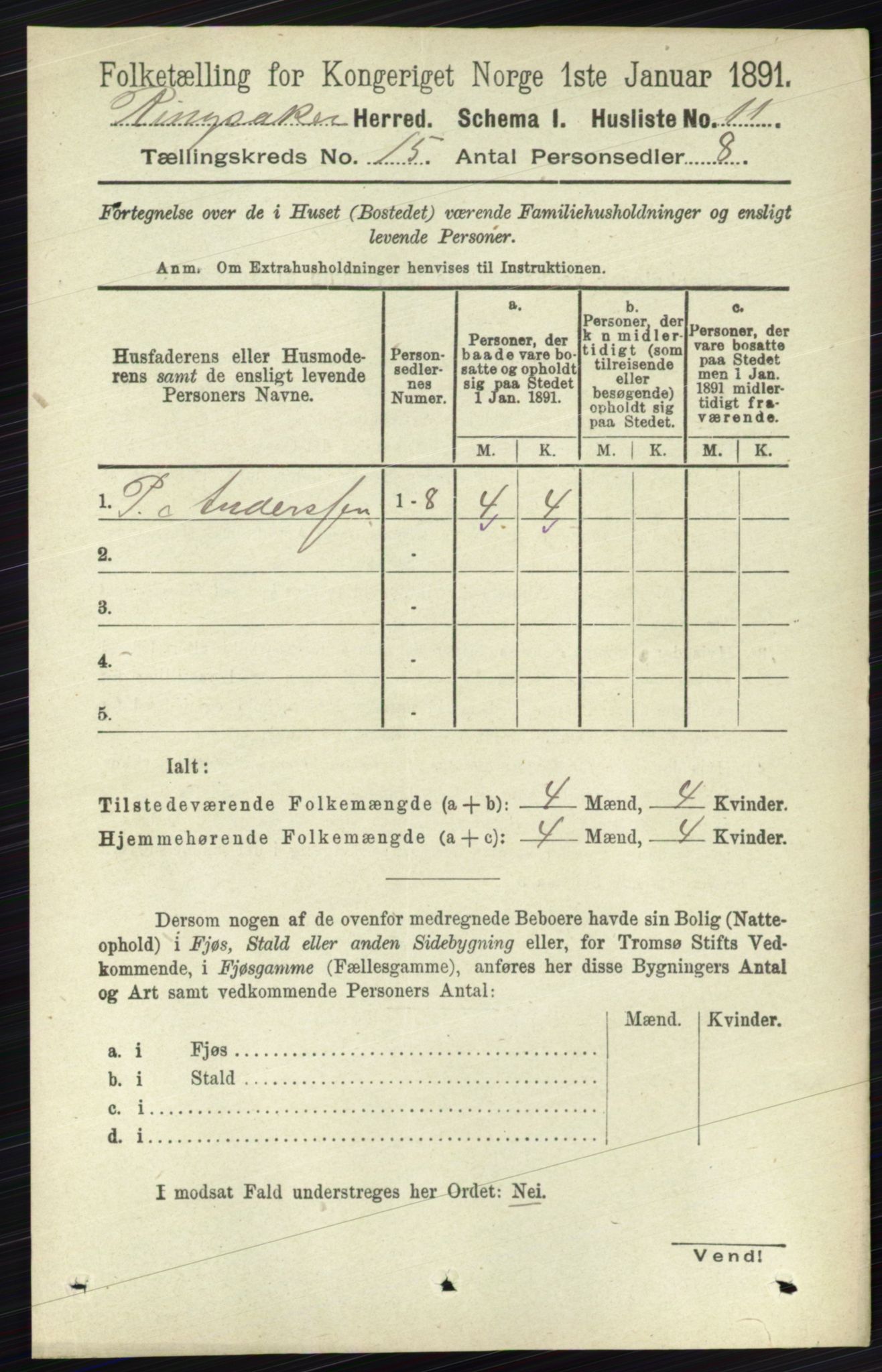 RA, 1891 census for 0412 Ringsaker, 1891, p. 8408