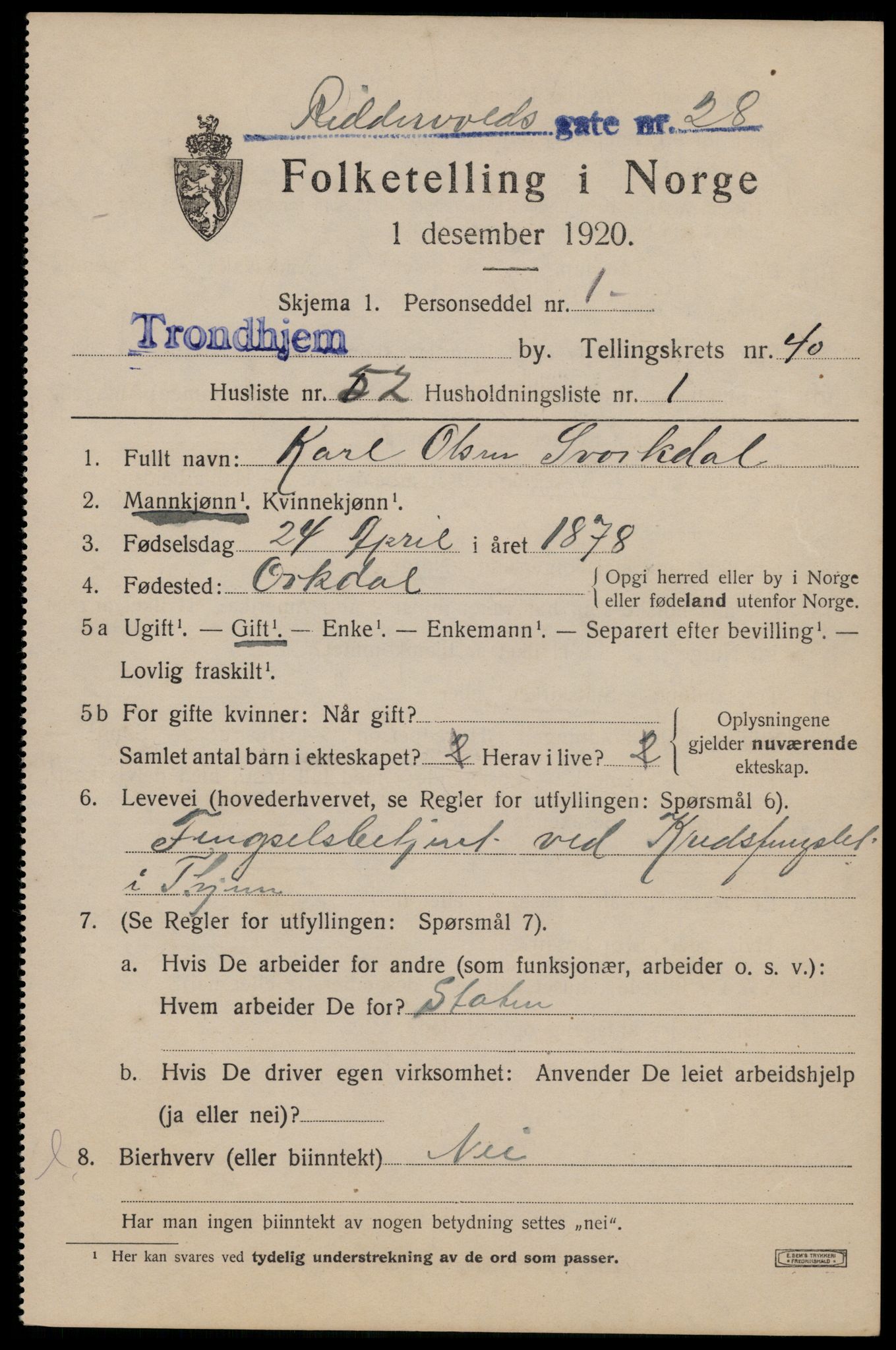 SAT, 1920 census for Trondheim, 1920, p. 90298